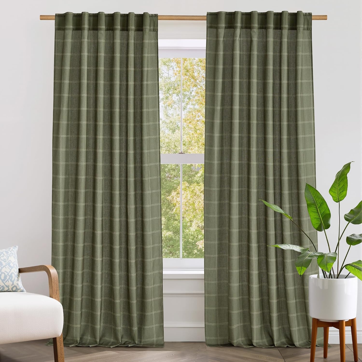 image:imageNICETOWN Taupe Plaid Print Linen Gingham Curtains 96 inches LongDiagonal Check Moss Green