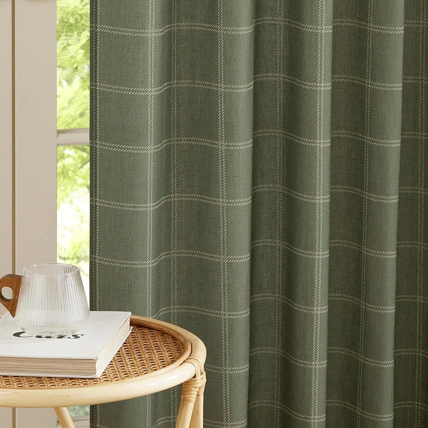 image:imageNICETOWN Taupe Plaid Print Linen Gingham Curtains 96 inches LongDiagonal Check Moss Green
