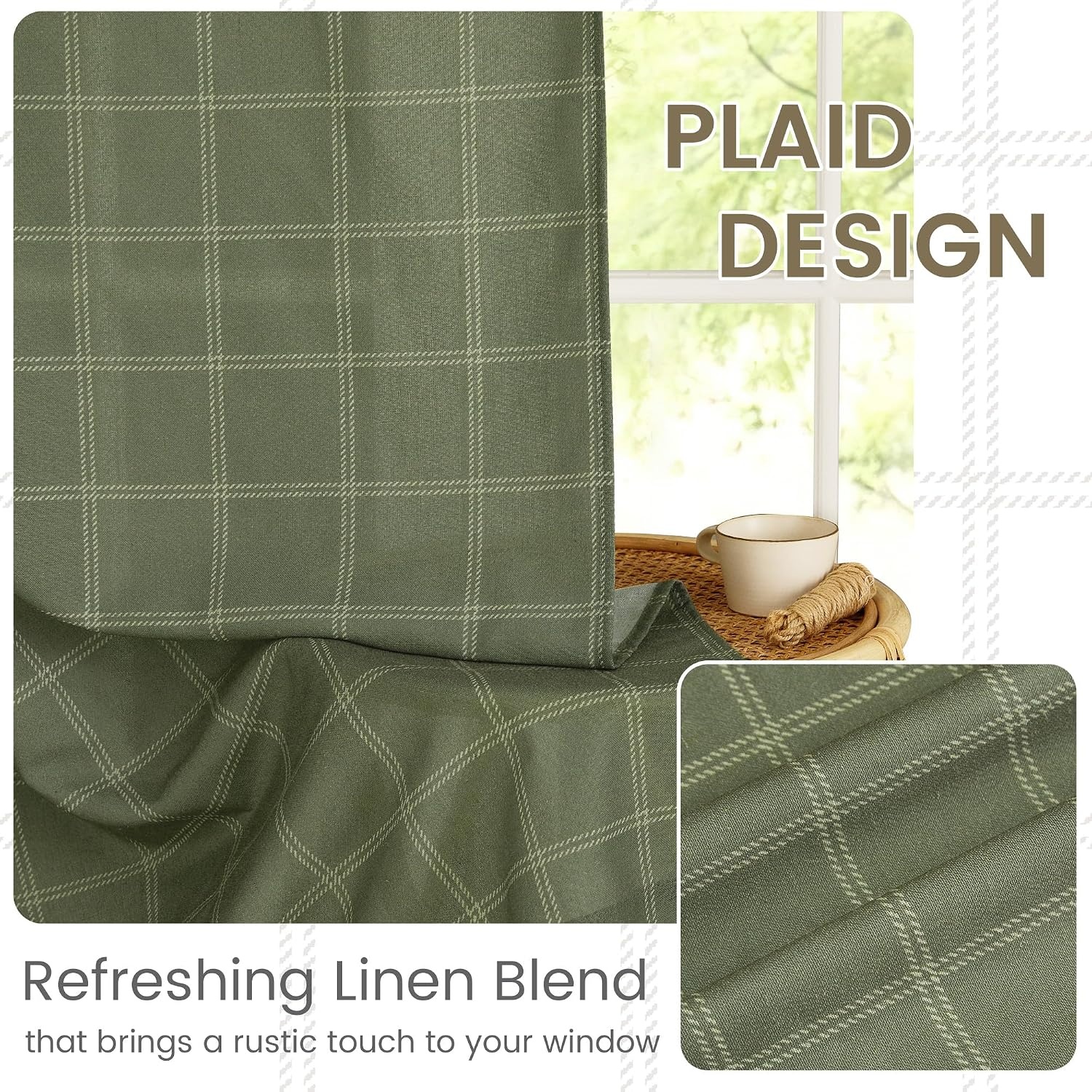 image:imageNICETOWN Taupe Plaid Print Linen Gingham Curtains 96 inches LongDiagonal Check Moss Green