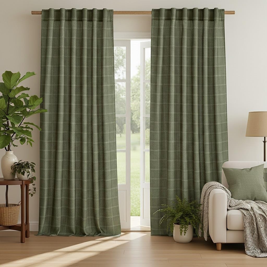 image:imageNICETOWN Taupe Plaid Print Linen Gingham Curtains 96 inches LongDiagonal Check Moss Green