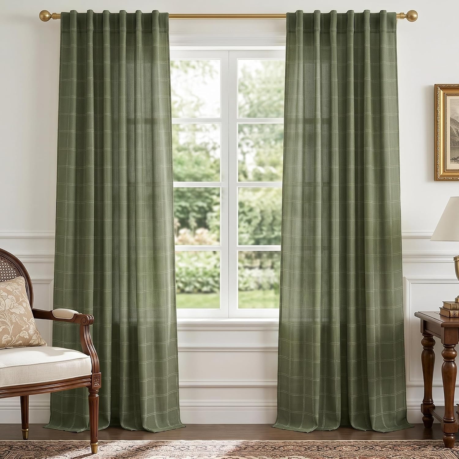 image:imageNICETOWN Taupe Plaid Print Linen Gingham Curtains 96 inches LongDiagonal Check Moss Green