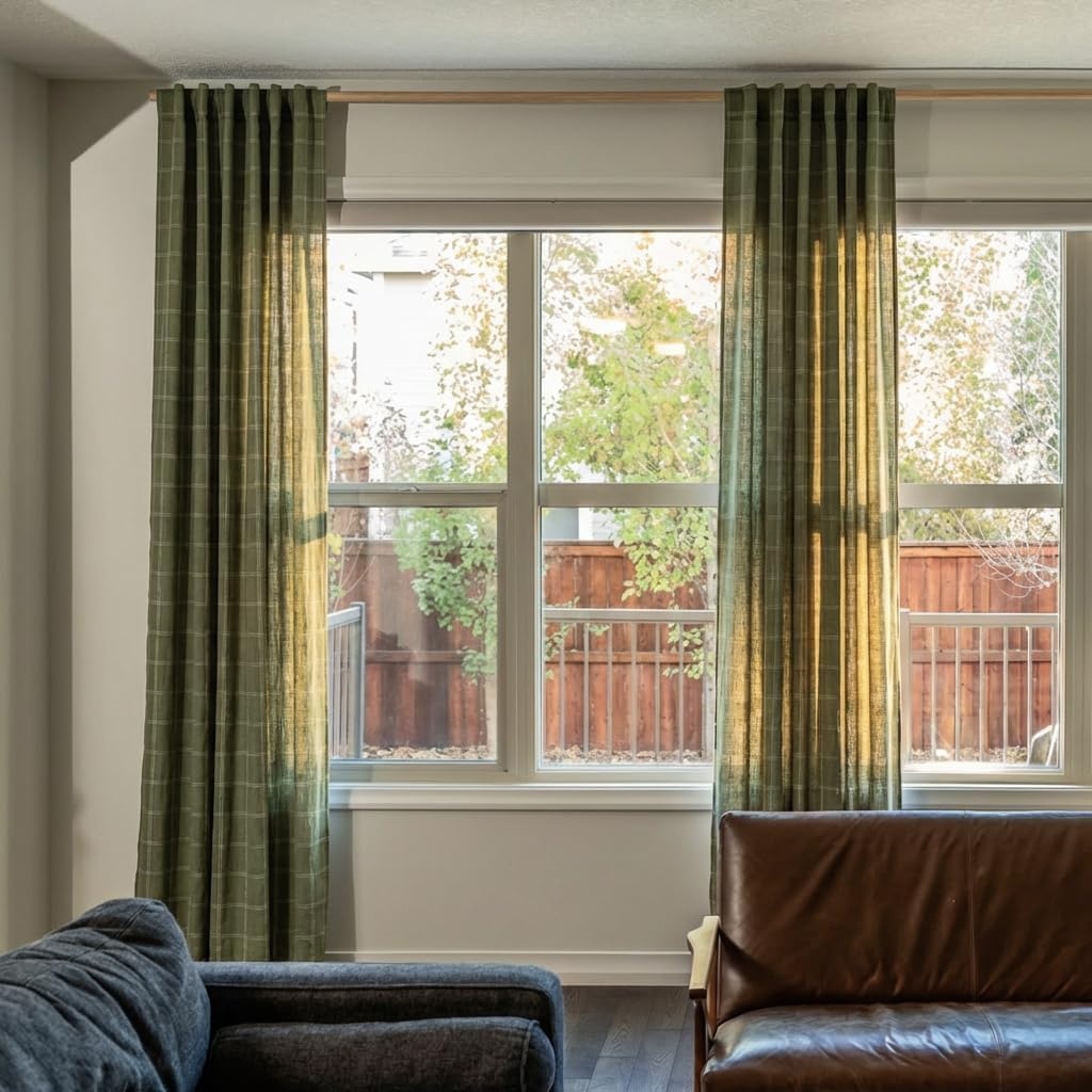 image:imageNICETOWN Taupe Plaid Print Linen Gingham Curtains 96 inches LongDiagonal Check Moss Green