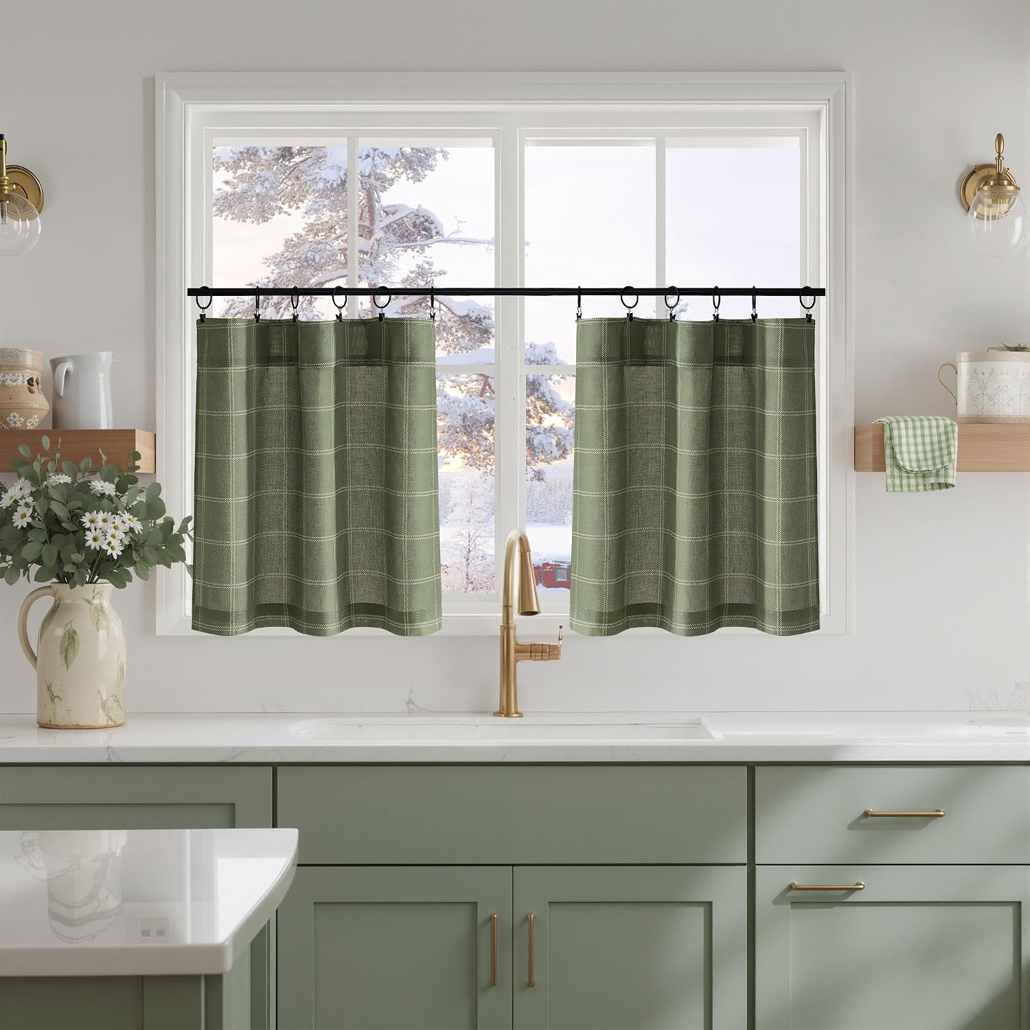 image:imageNICETOWN Taupe Plaid Print Linen Gingham Curtains 96 inches LongDiagonal Check Moss Green
