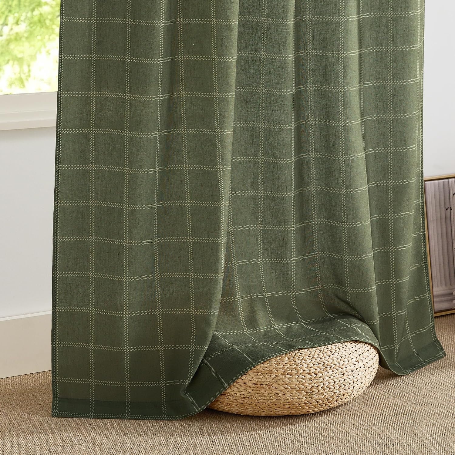 image:imageNICETOWN Taupe Plaid Print Linen Gingham Curtains 96 inches LongDiagonal Check Moss Green