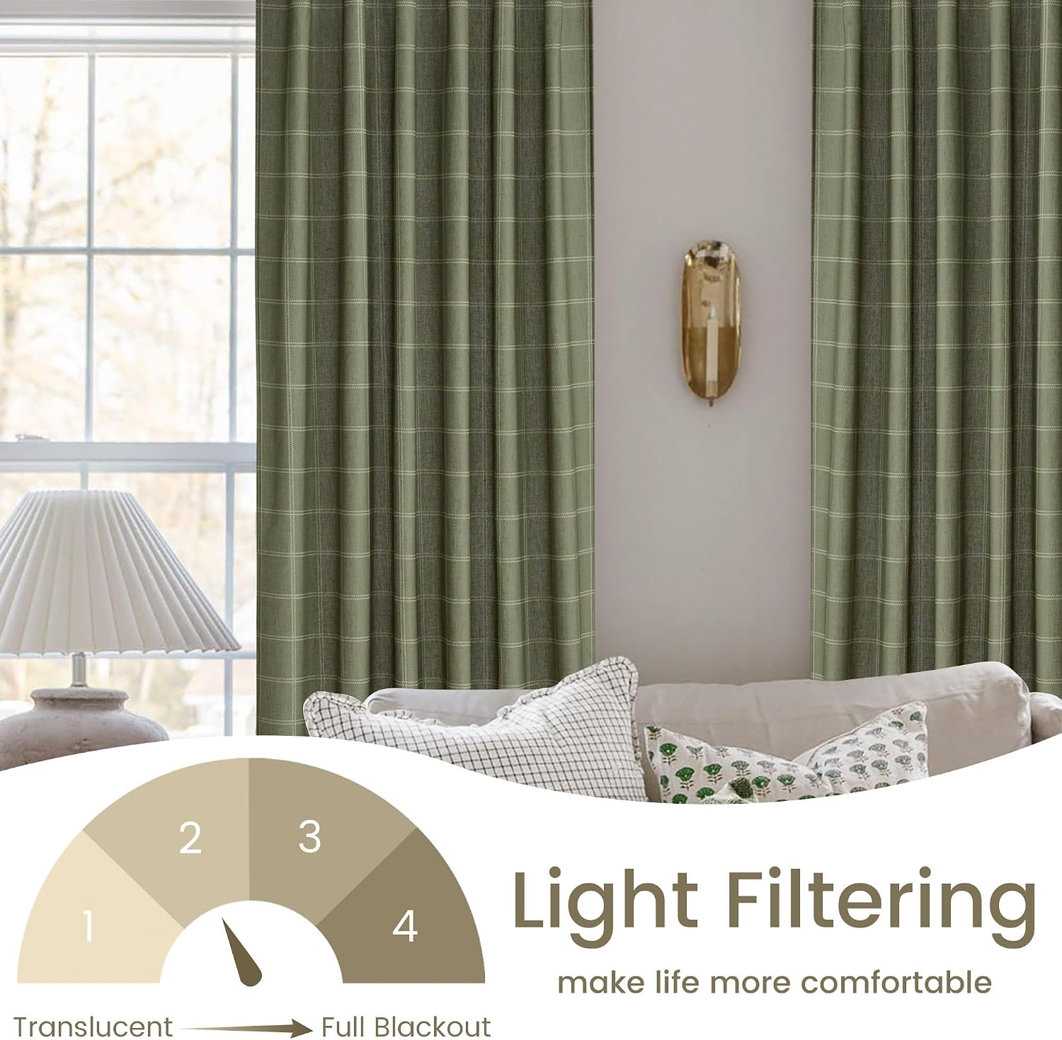 image:imageNICETOWN Taupe Plaid Print Linen Gingham Curtains 96 inches LongDiagonal Check Moss Green