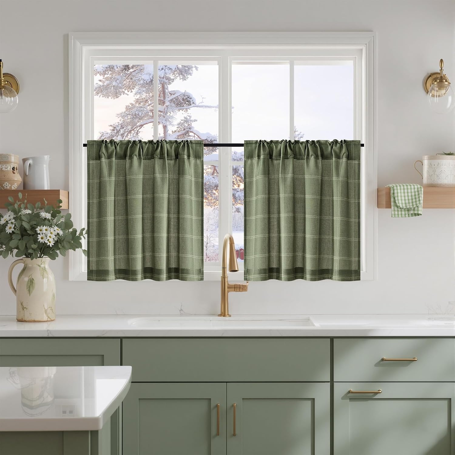 image:imageNICETOWN Taupe Plaid Print Linen Gingham Curtains 96 inches LongDiagonal Check Moss Green