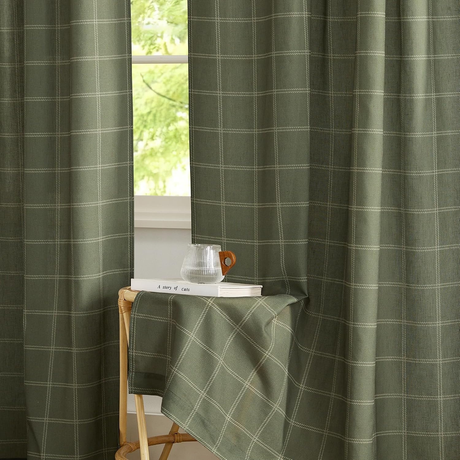 image:imageNICETOWN Taupe Plaid Print Linen Gingham Curtains 96 inches LongDiagonal Check Moss Green