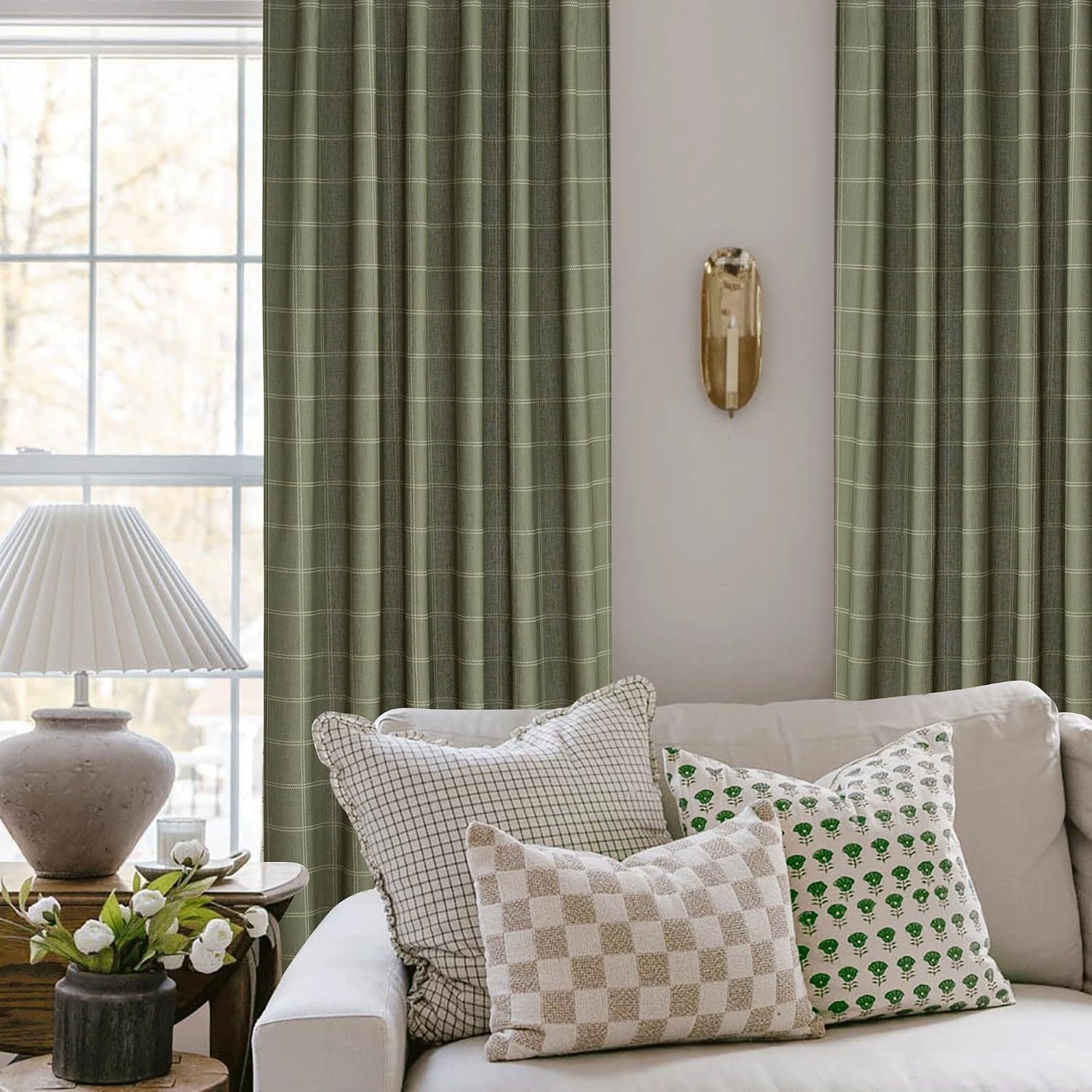 image:imageNICETOWN Taupe Plaid Print Linen Gingham Curtains 96 inches LongDiagonal Check Moss Green