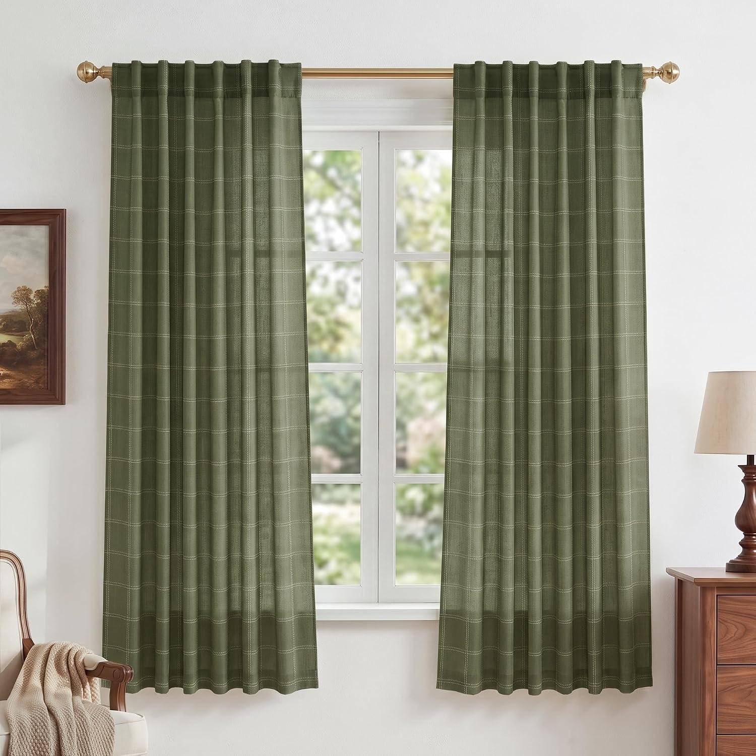 image:imageNICETOWN Taupe Plaid Print Linen Gingham Curtains 96 inches LongDiagonal Check Moss Green