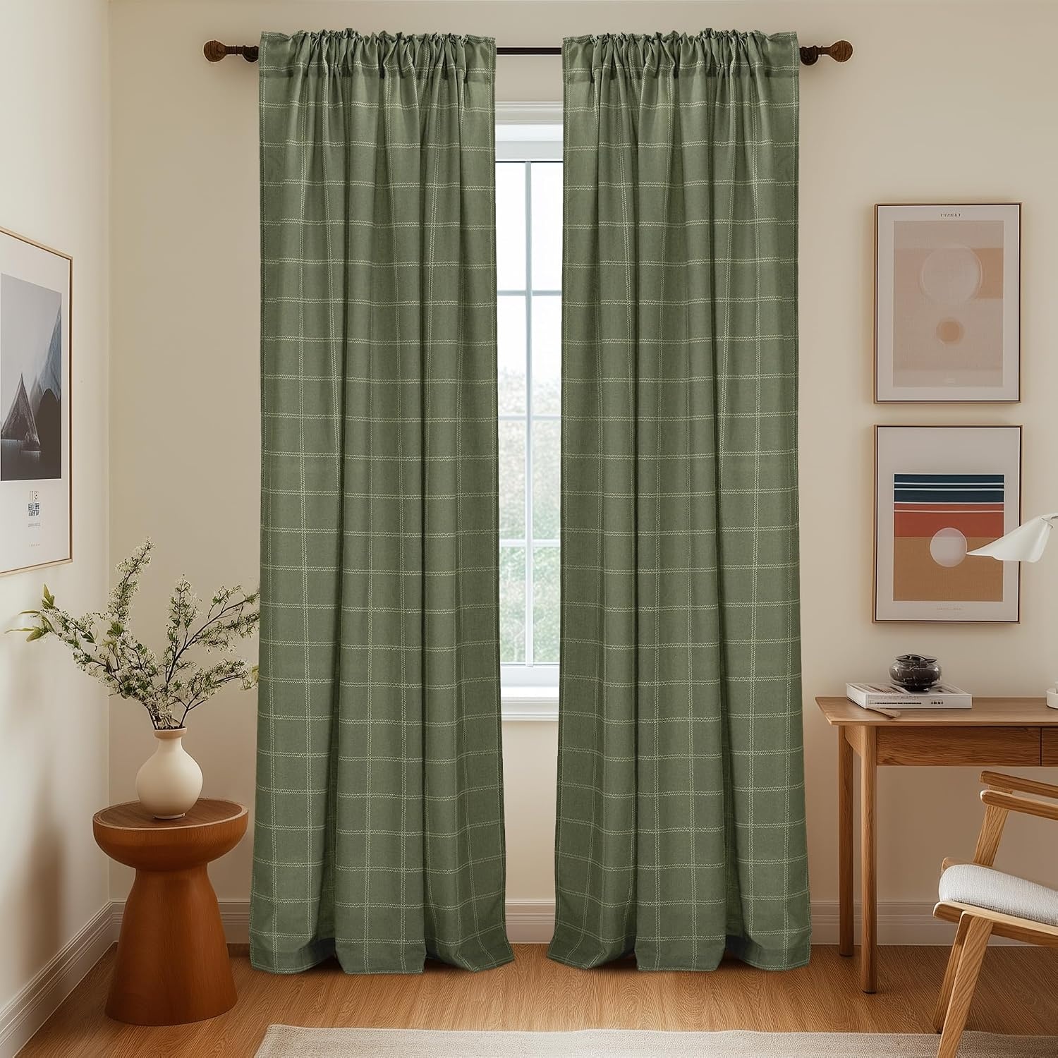 image:imageNICETOWN Taupe Plaid Print Linen Gingham Curtains 96 inches LongDiagonal Check Moss Green