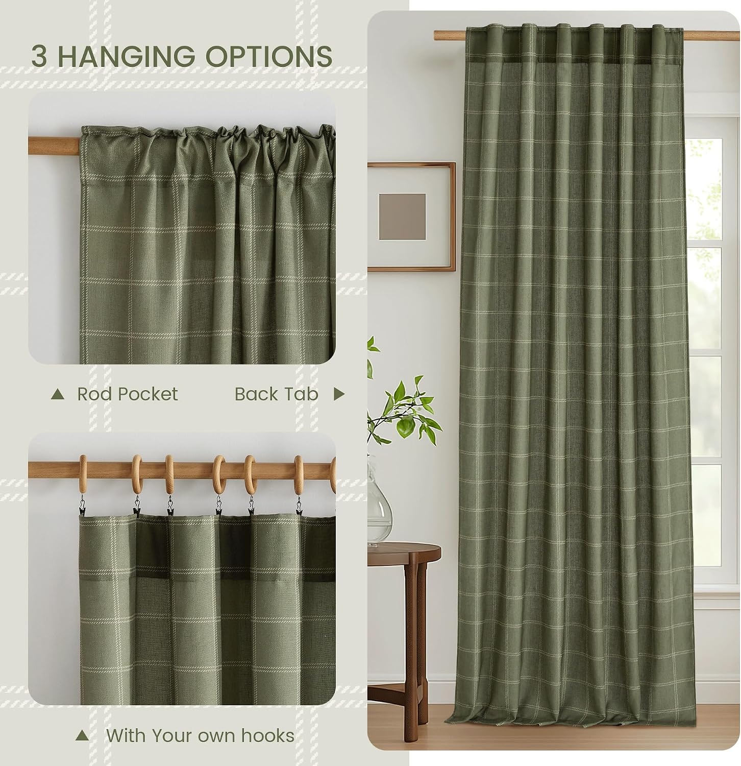 image:imageNICETOWN Taupe Plaid Print Linen Gingham Curtains 96 inches LongDiagonal Check Moss Green