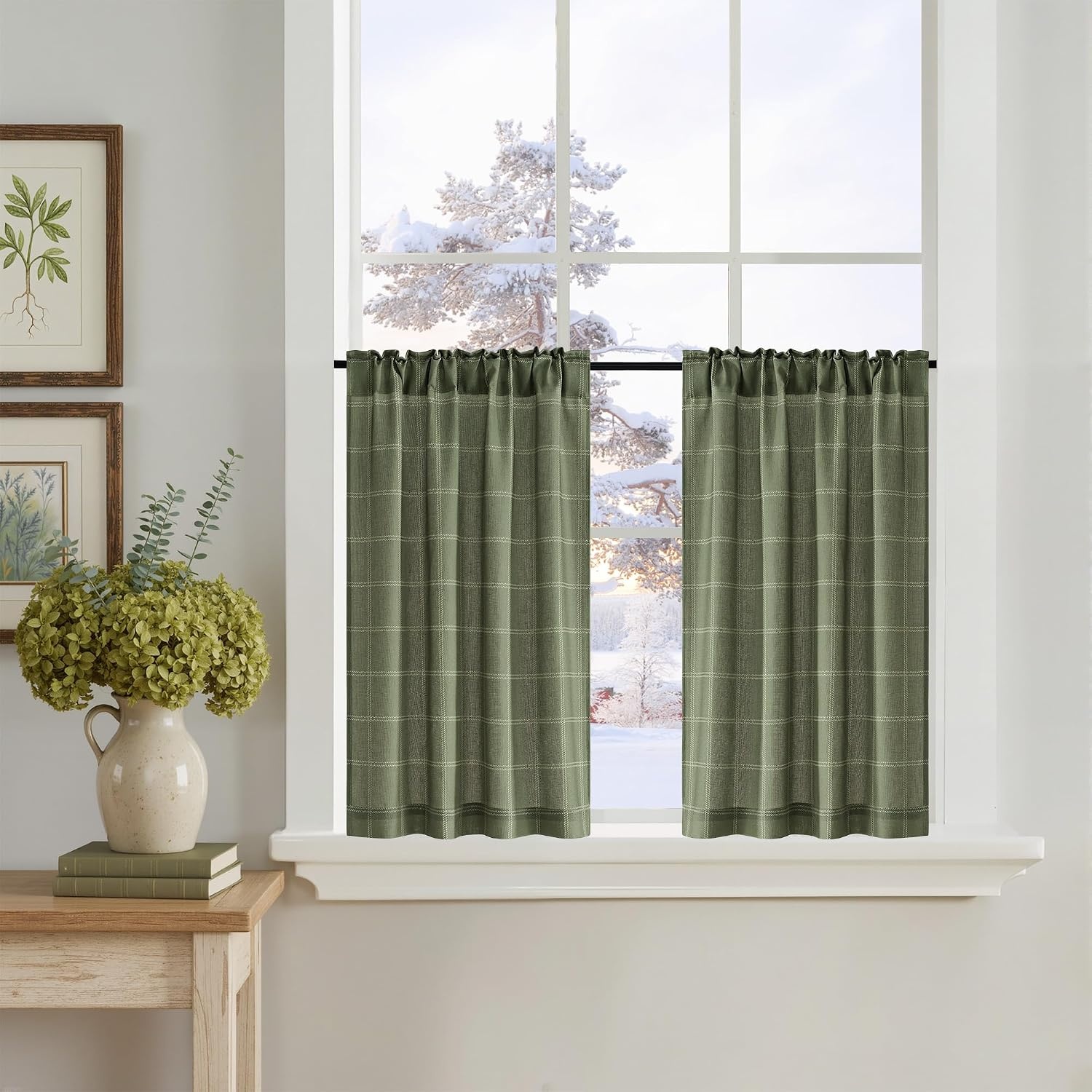 image:imageNICETOWN Taupe Plaid Print Linen Gingham Curtains 96 inches LongDiagonal Check Moss Green