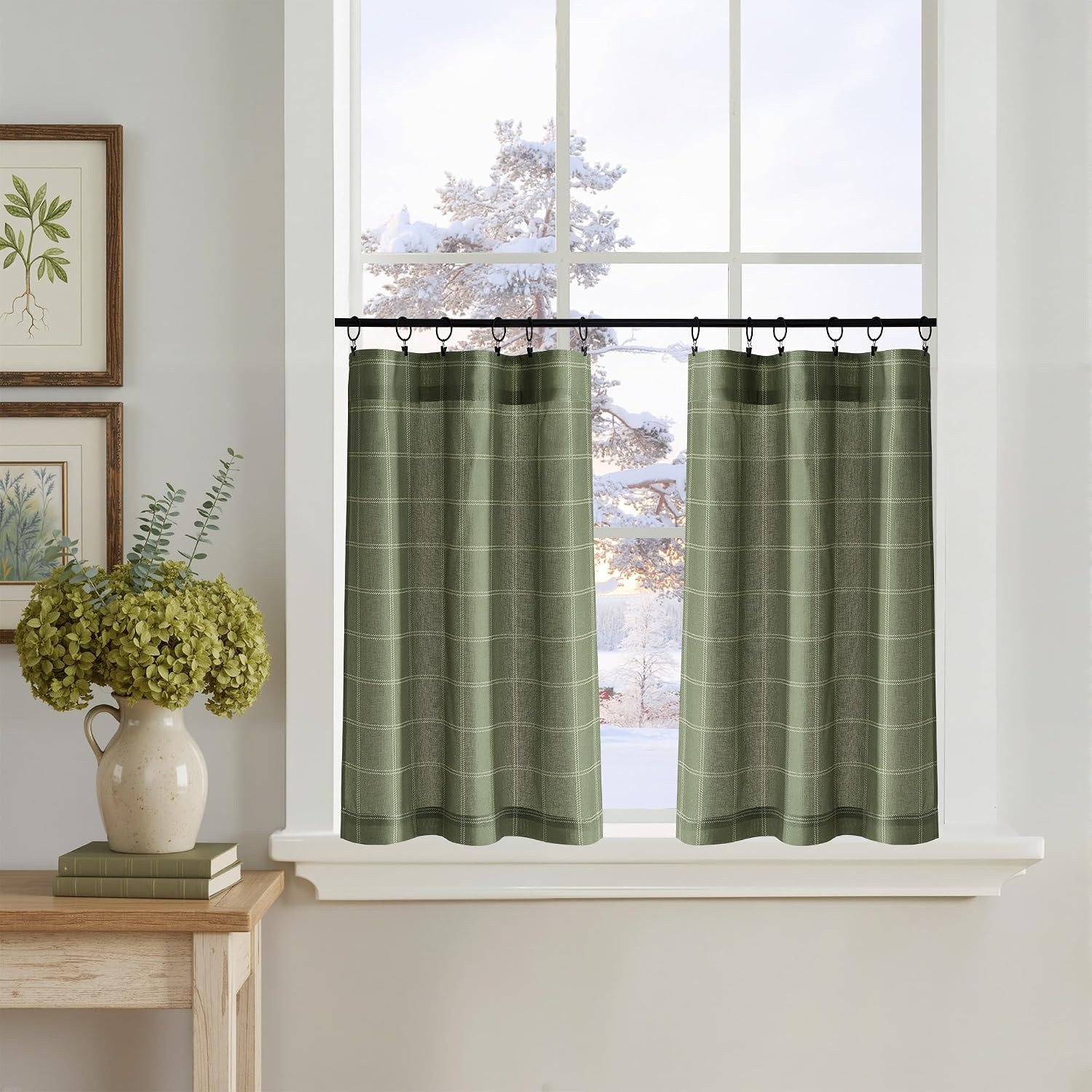 image:imageNICETOWN Taupe Plaid Print Linen Gingham Curtains 96 inches LongDiagonal Check Moss Green