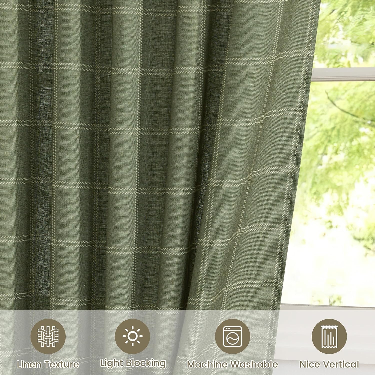 image:imageNICETOWN Taupe Plaid Print Linen Gingham Curtains 96 inches LongDiagonal Check Moss Green