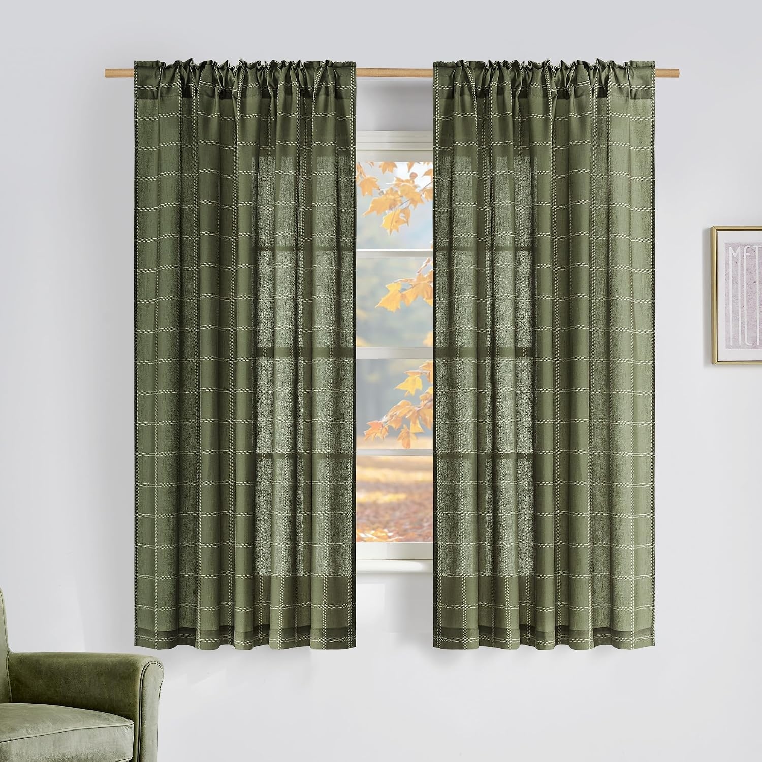 image:imageNICETOWN Taupe Plaid Print Linen Gingham Curtains 96 inches LongDiagonal Check Moss Green