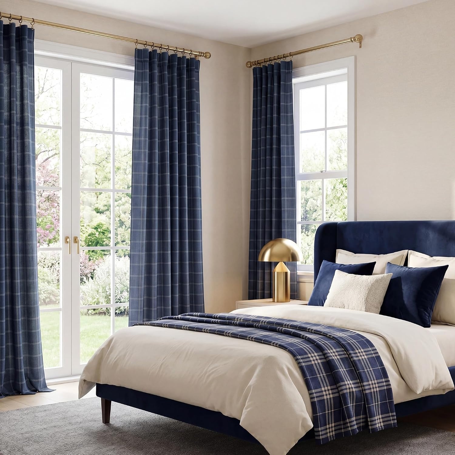 image:imageNICETOWN Taupe Plaid Print Linen Gingham Curtains 96 inches LongDiagonal Check Navy Blue