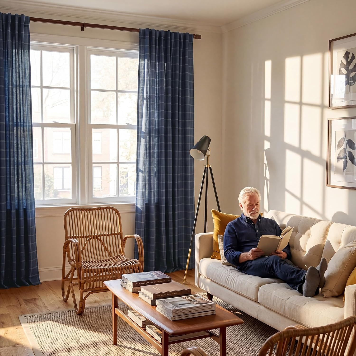 image:imageNICETOWN Taupe Plaid Print Linen Gingham Curtains 96 inches LongDiagonal Check Navy Blue