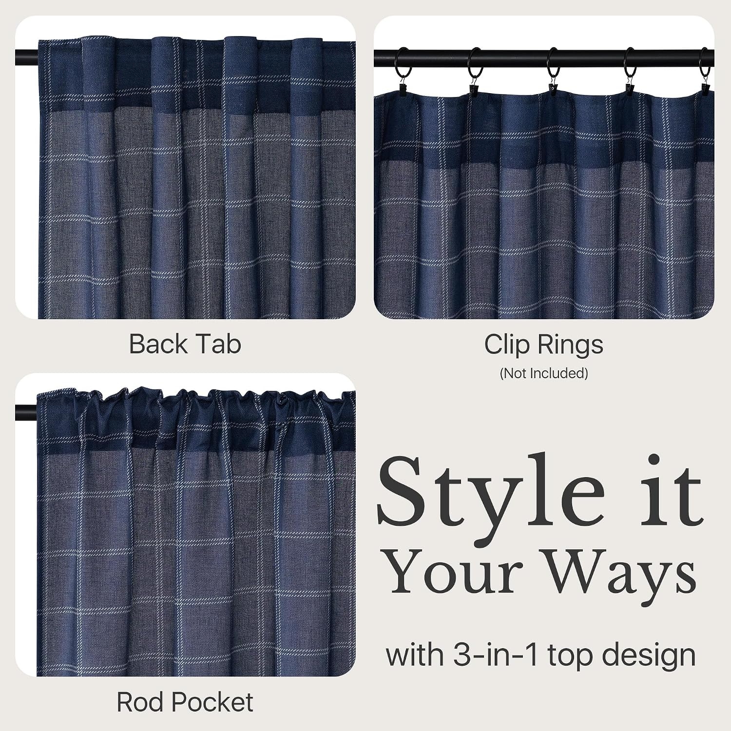 image:imageNICETOWN Taupe Plaid Print Linen Gingham Curtains 96 inches LongDiagonal Check Navy Blue