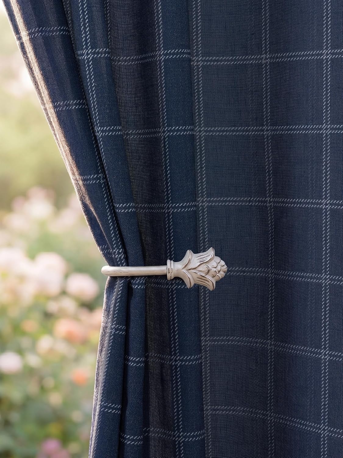 image:imageNICETOWN Taupe Plaid Print Linen Gingham Curtains 96 inches LongDiagonal Check Navy Blue
