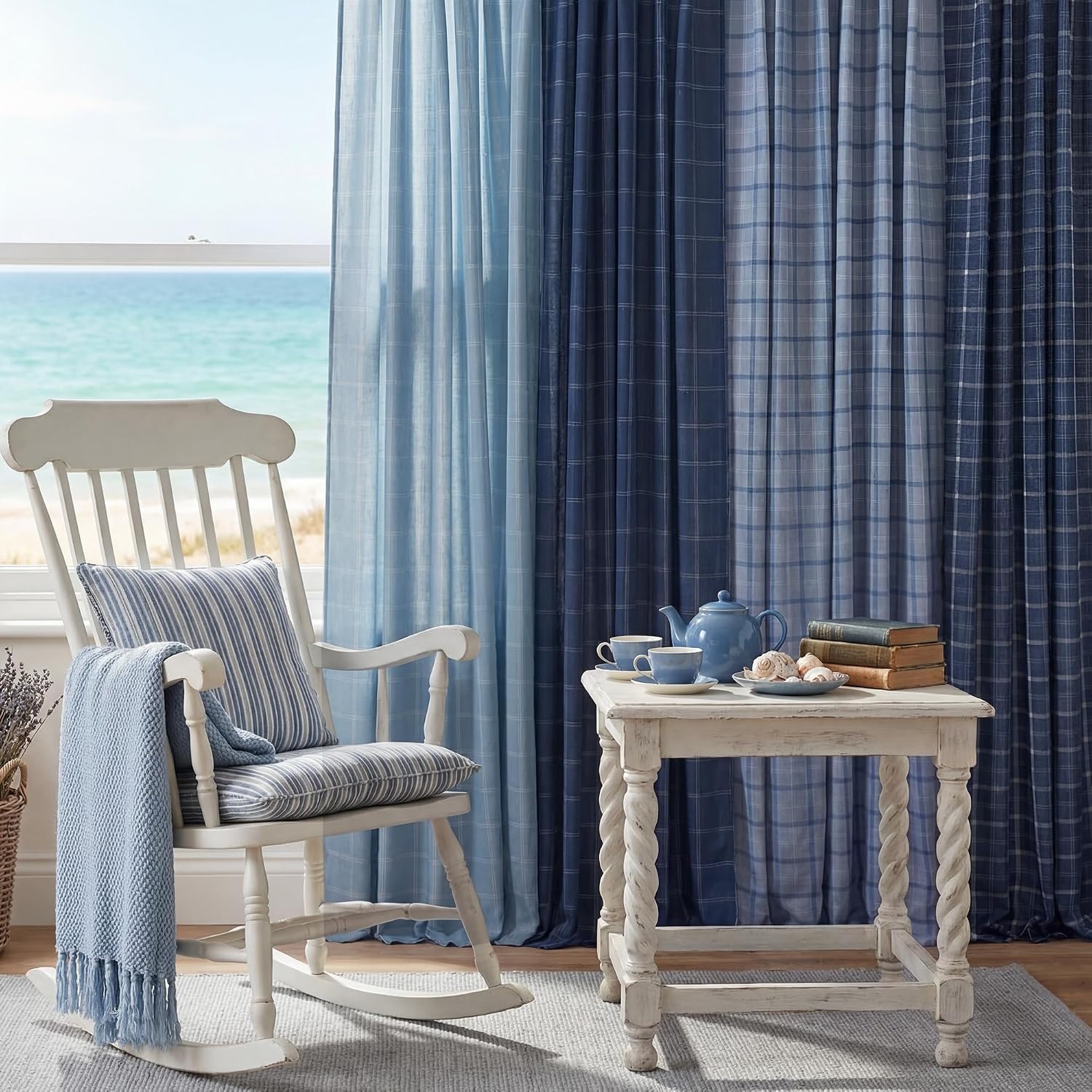 image:imageNICETOWN Taupe Plaid Print Linen Gingham Curtains 96 inches LongDiagonal Check Navy Blue