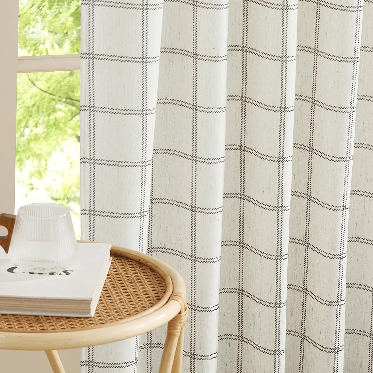 image:imageNICETOWN Taupe Plaid Print Linen Gingham Curtains 96 inches LongDiagonal Check White