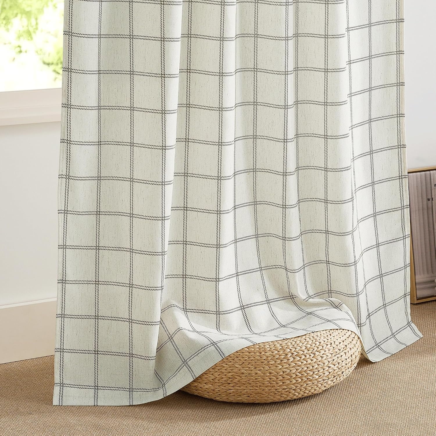 image:imageNICETOWN Taupe Plaid Print Linen Gingham Curtains 96 inches LongDiagonal Check White