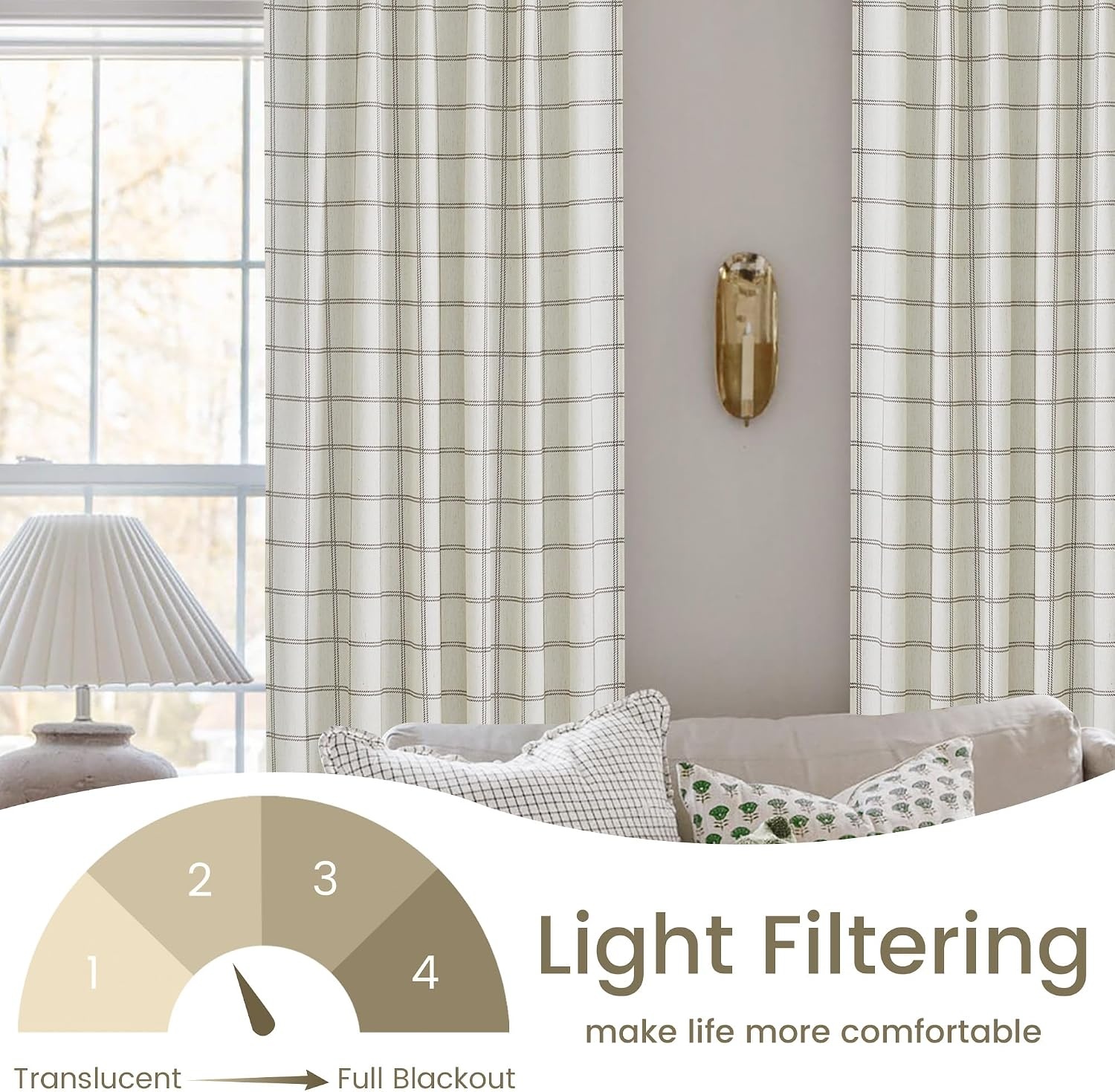 image:imageNICETOWN Taupe Plaid Print Linen Gingham Curtains 96 inches LongDiagonal Check White