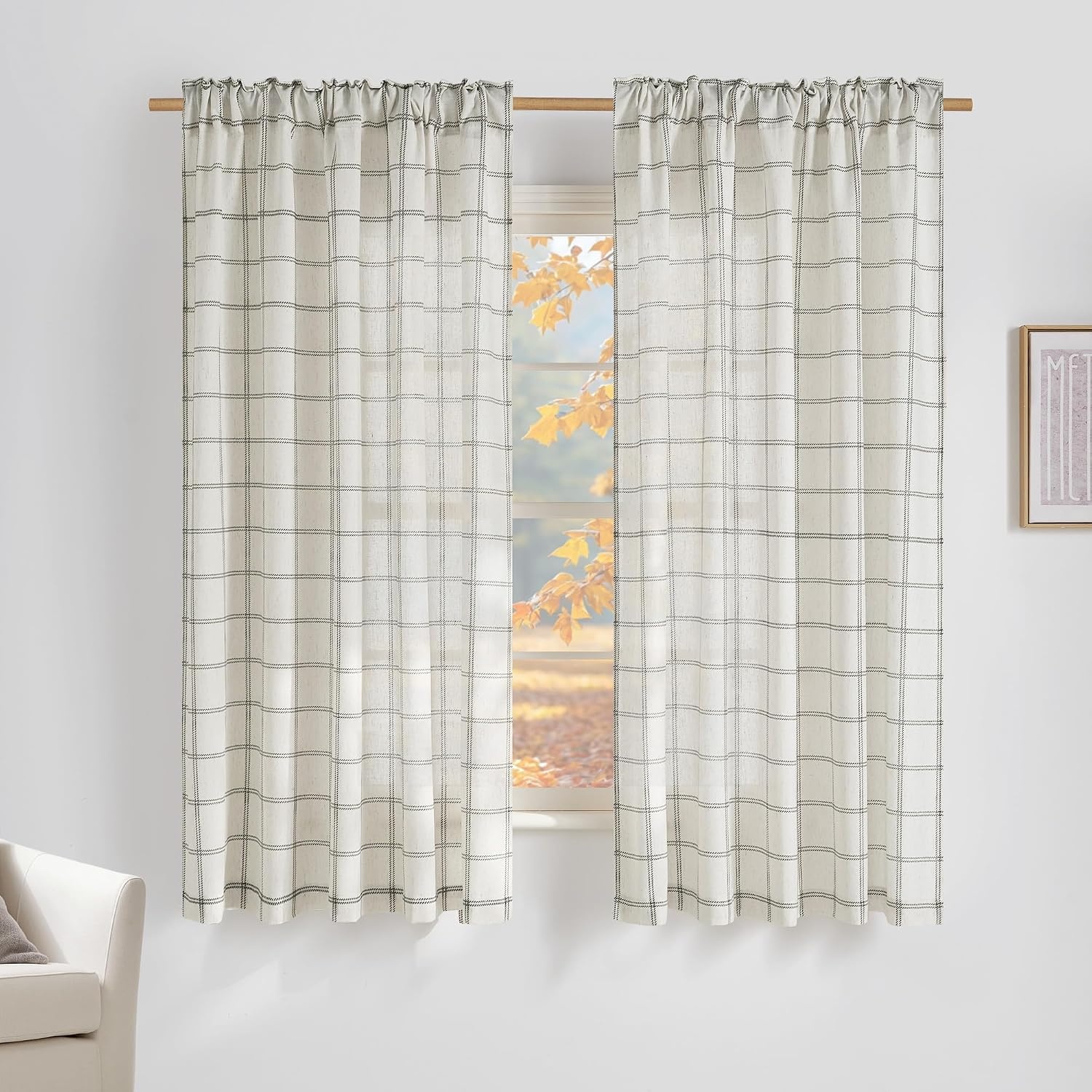 image:imageNICETOWN Taupe Plaid Print Linen Gingham Curtains 96 inches LongDiagonal Check White