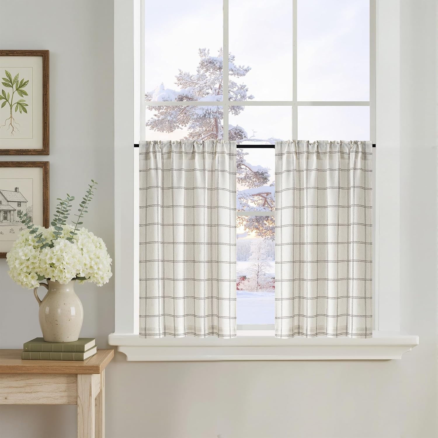 image:imageNICETOWN Taupe Plaid Print Linen Gingham Curtains 96 inches LongDiagonal Check White