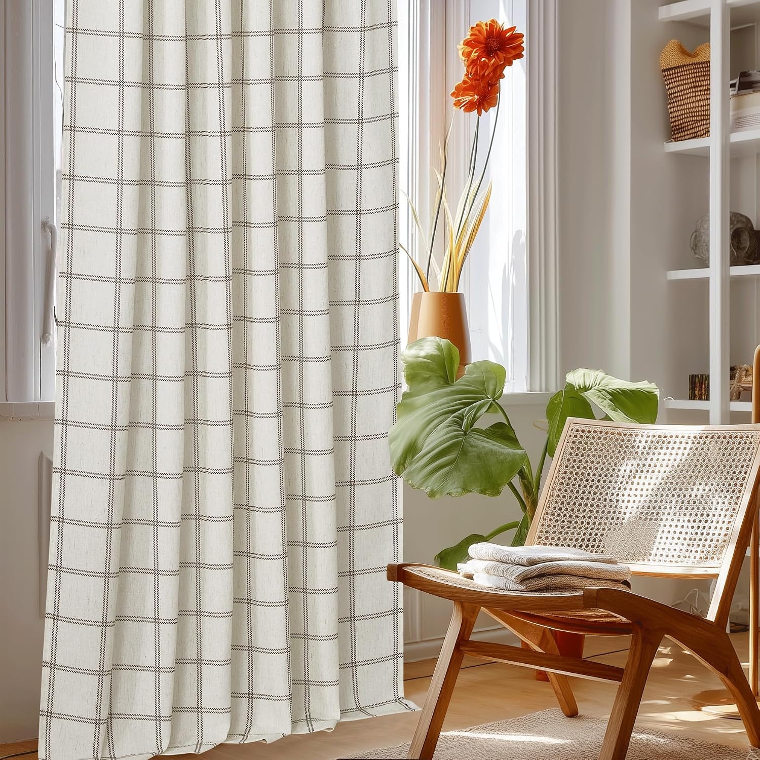 image:imageNICETOWN Taupe Plaid Print Linen Gingham Curtains 96 inches LongDiagonal Check White