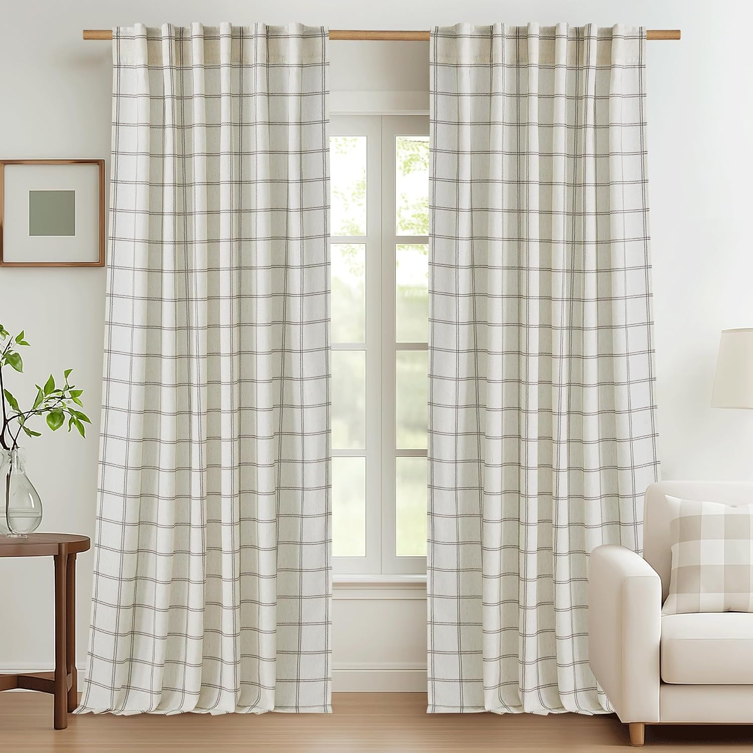 image:imageNICETOWN Taupe Plaid Print Linen Gingham Curtains 96 inches LongDiagonal Check White