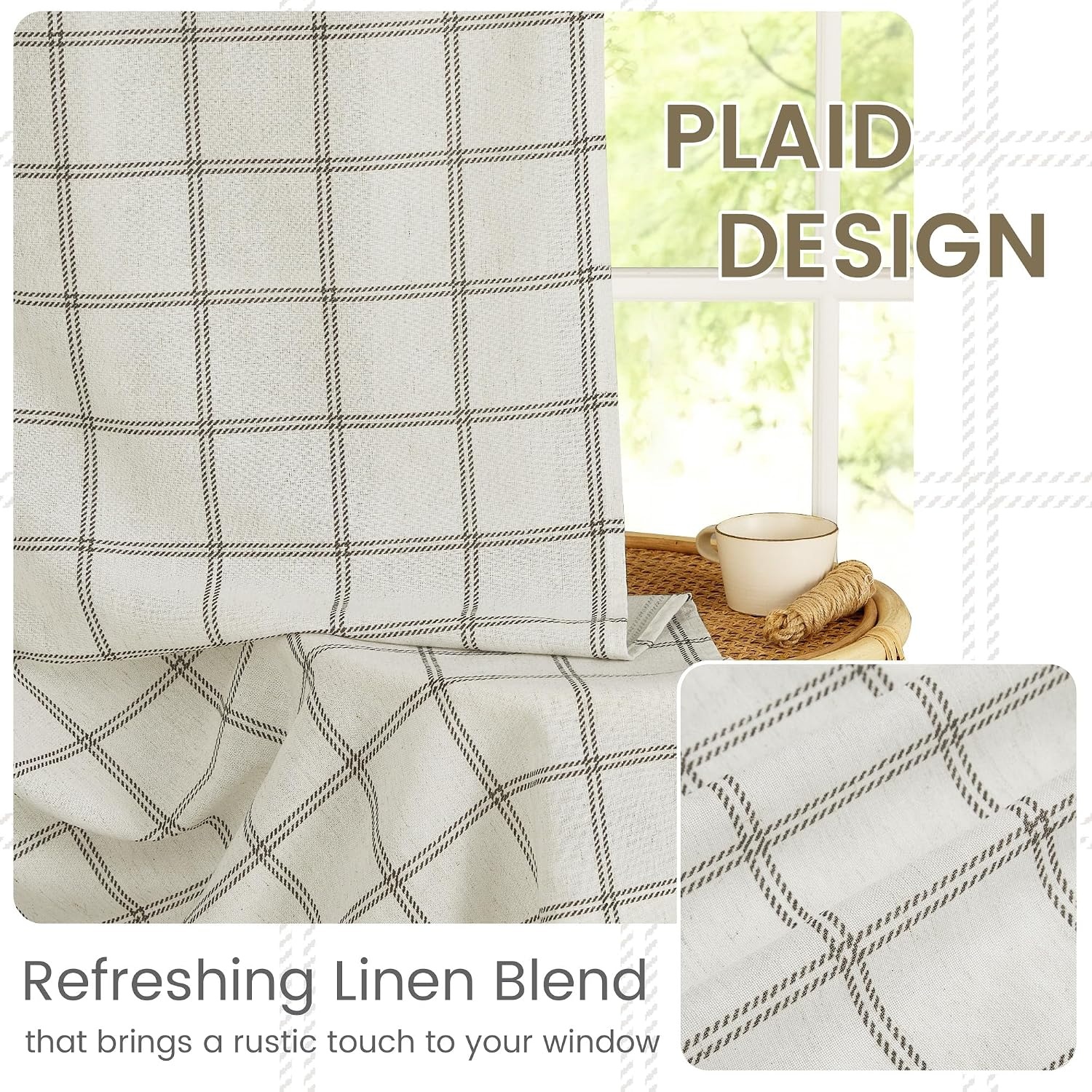 image:imageNICETOWN Taupe Plaid Print Linen Gingham Curtains 96 inches LongDiagonal Check White