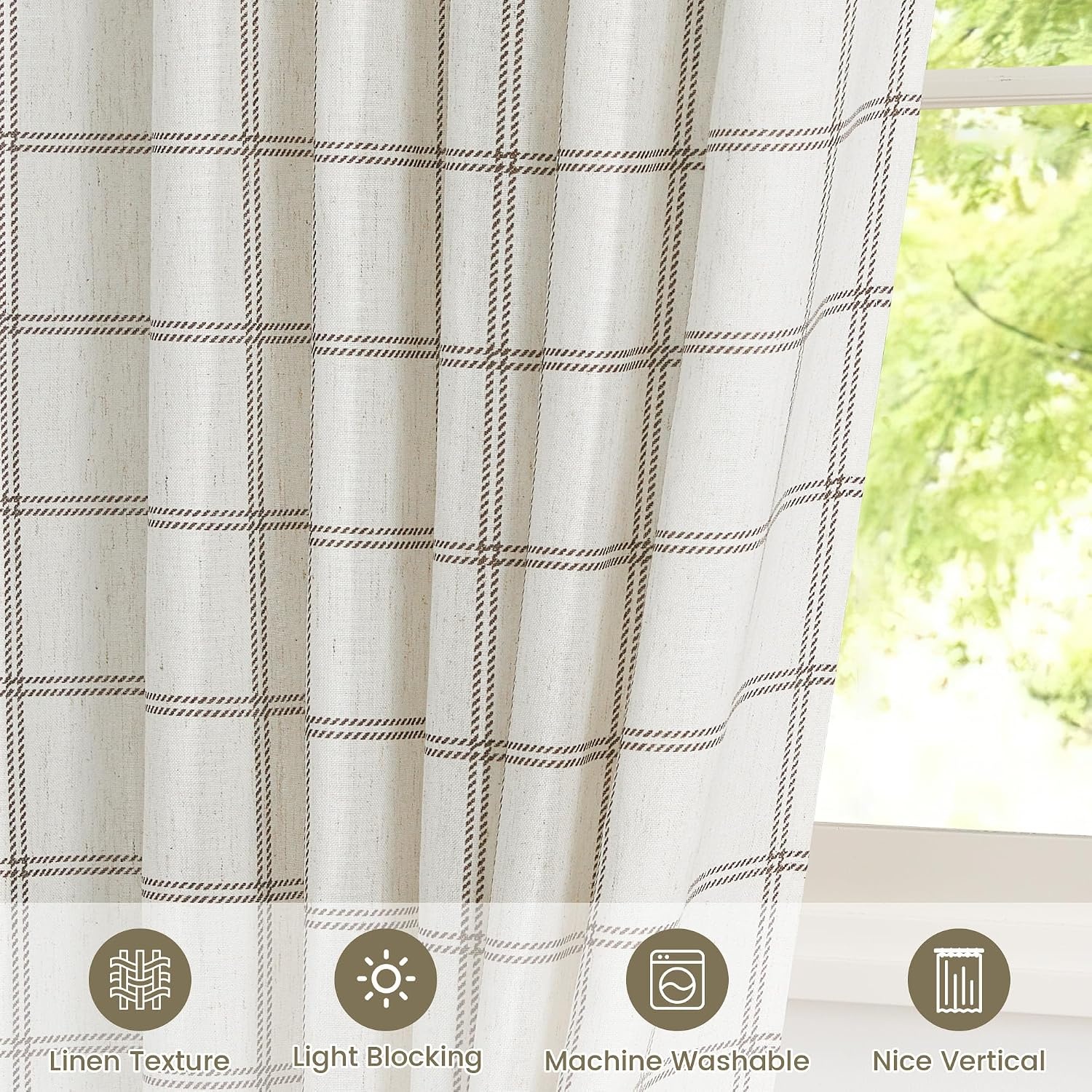 image:imageNICETOWN Taupe Plaid Print Linen Gingham Curtains 96 inches LongDiagonal Check White