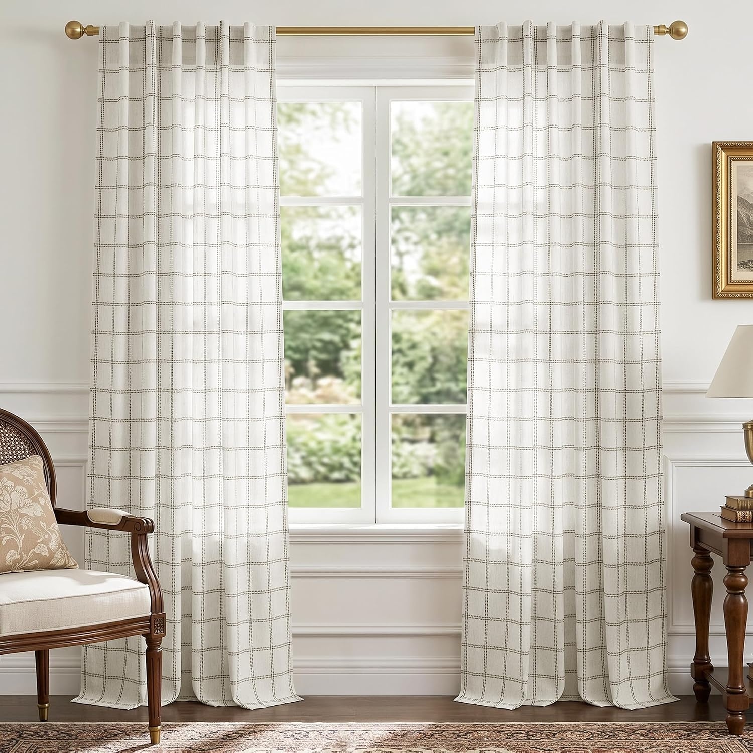 image:imageNICETOWN Taupe Plaid Print Linen Gingham Curtains 96 inches LongDiagonal Check White