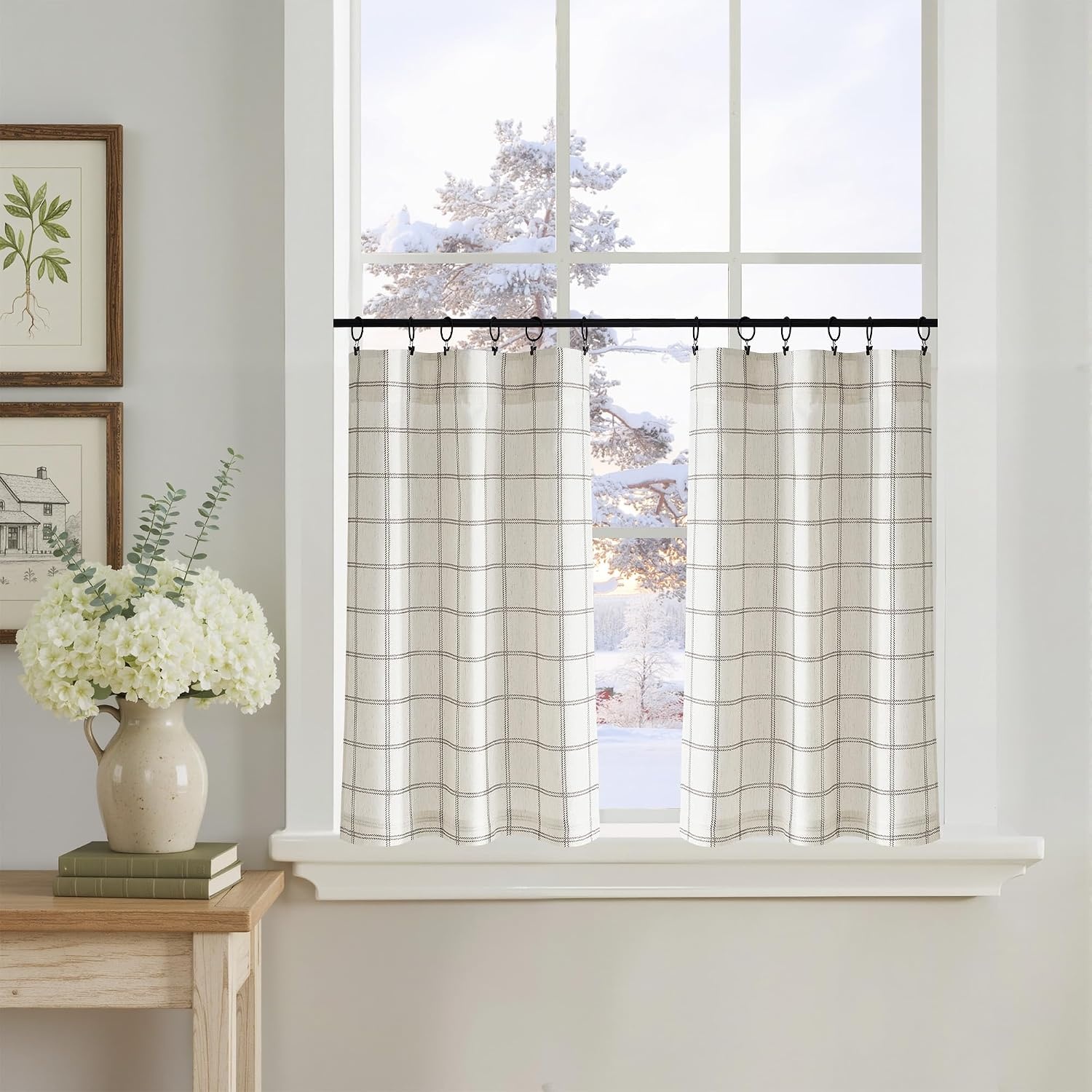 image:imageNICETOWN Taupe Plaid Print Linen Gingham Curtains 96 inches LongDiagonal Check White