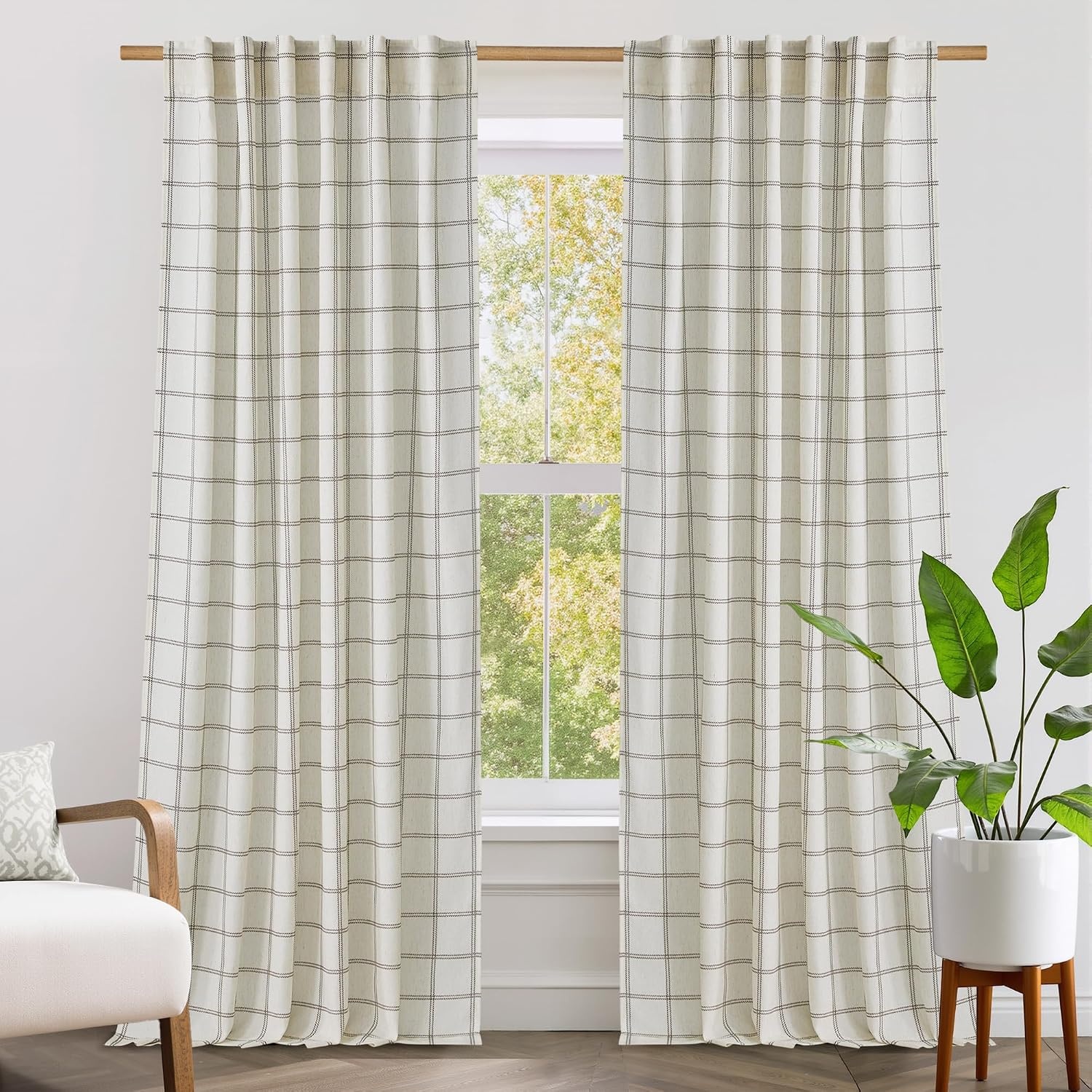 image:imageNICETOWN Taupe Plaid Print Linen Gingham Curtains 96 inches LongDiagonal Check White