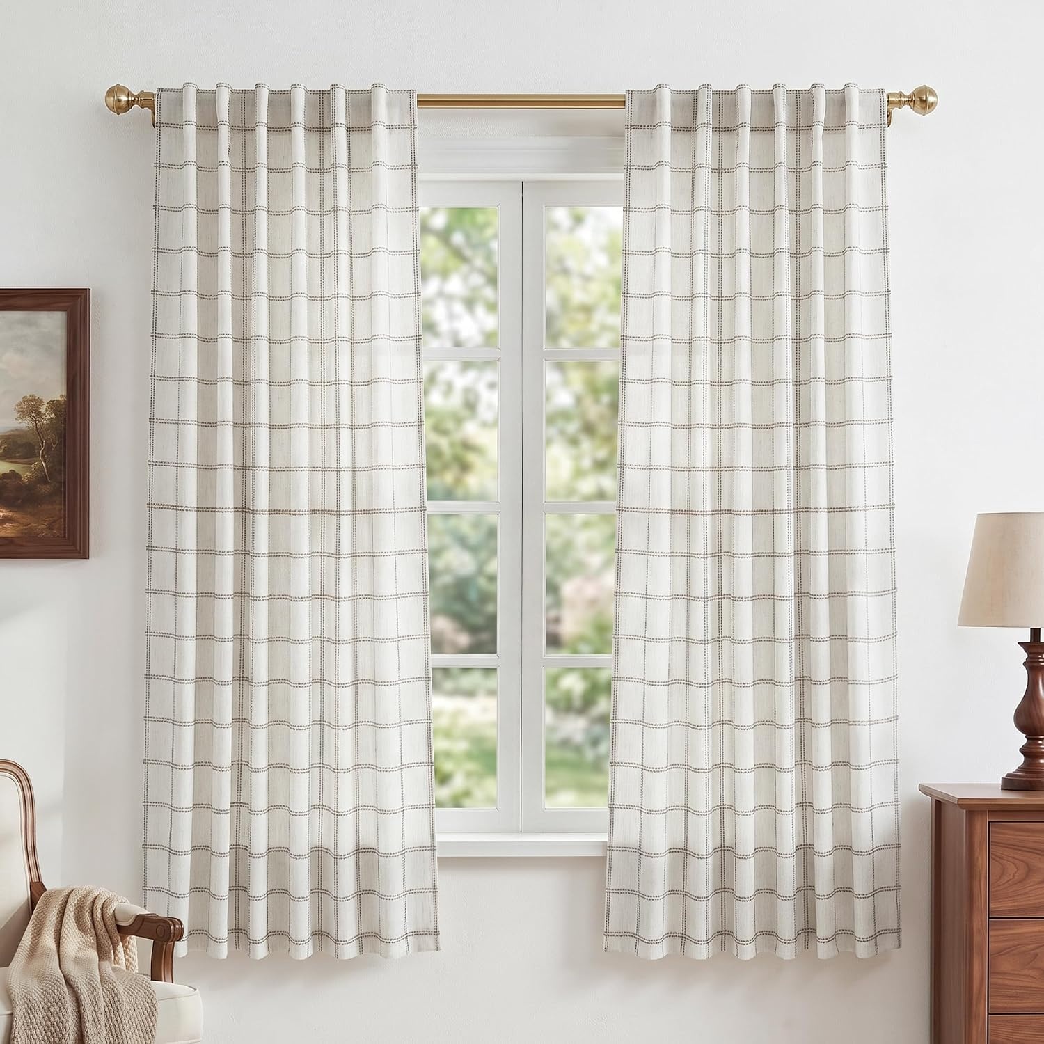 image:imageNICETOWN Taupe Plaid Print Linen Gingham Curtains 96 inches LongDiagonal Check White