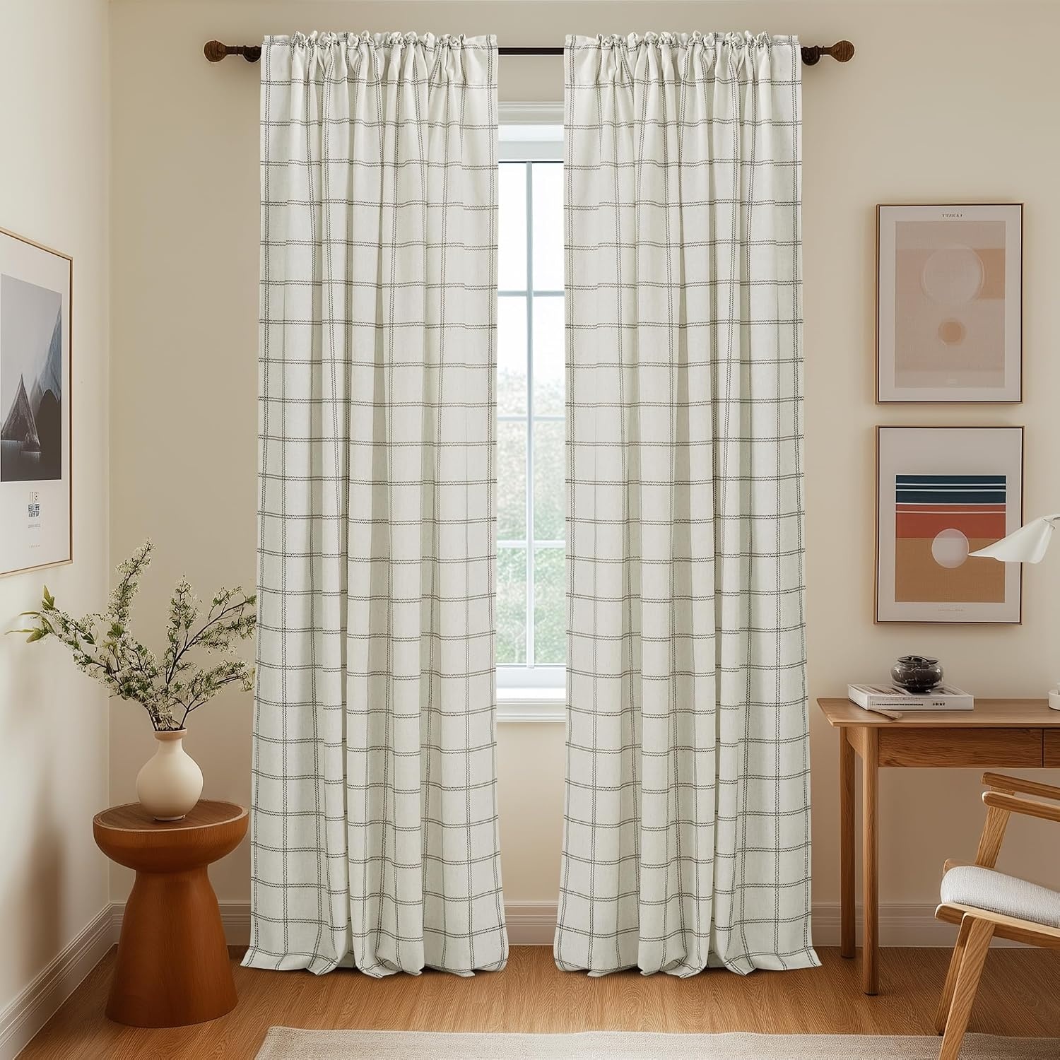 image:imageNICETOWN Taupe Plaid Print Linen Gingham Curtains 96 inches LongDiagonal Check White