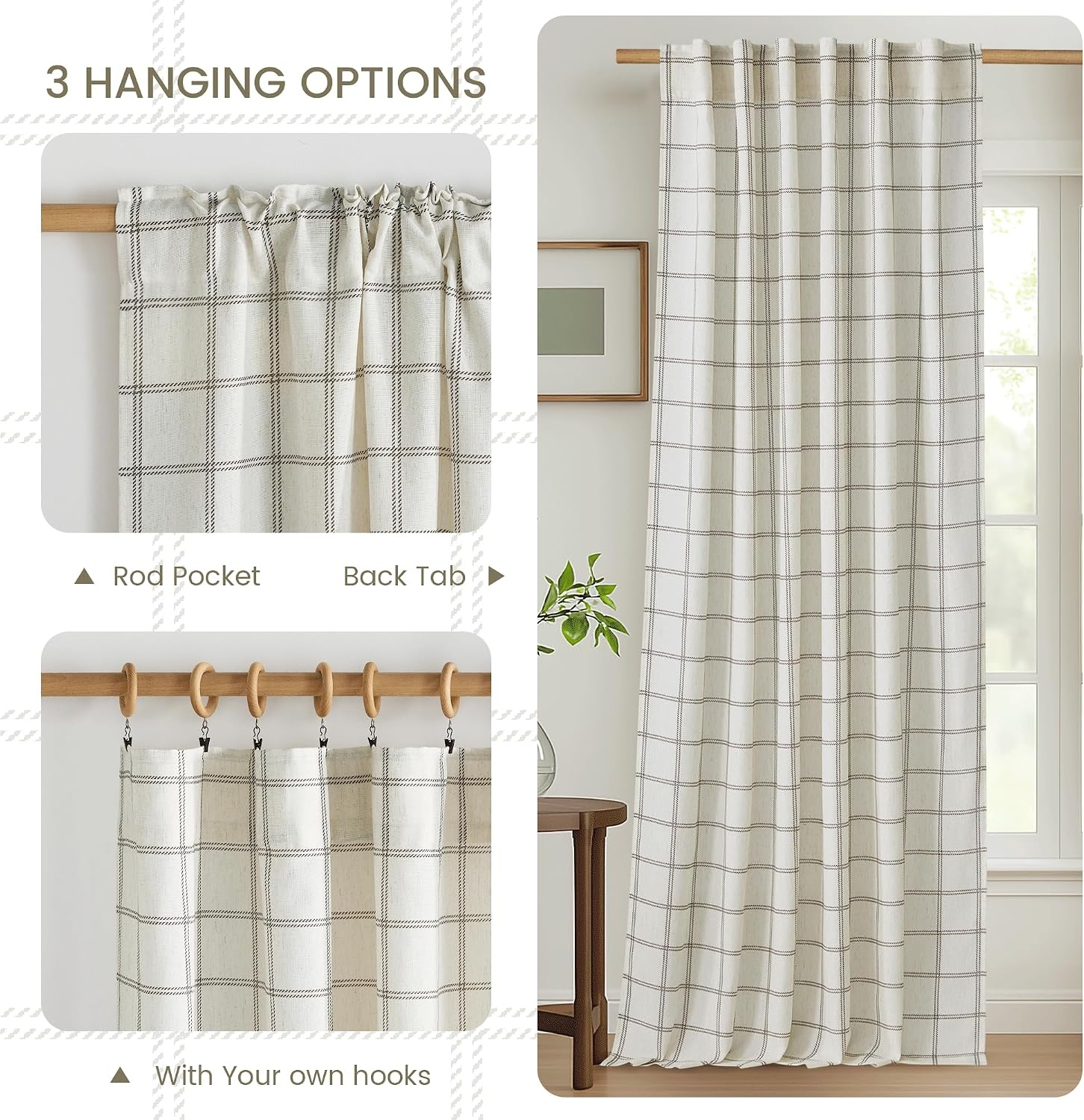 image:imageNICETOWN Taupe Plaid Print Linen Gingham Curtains 96 inches LongDiagonal Check White