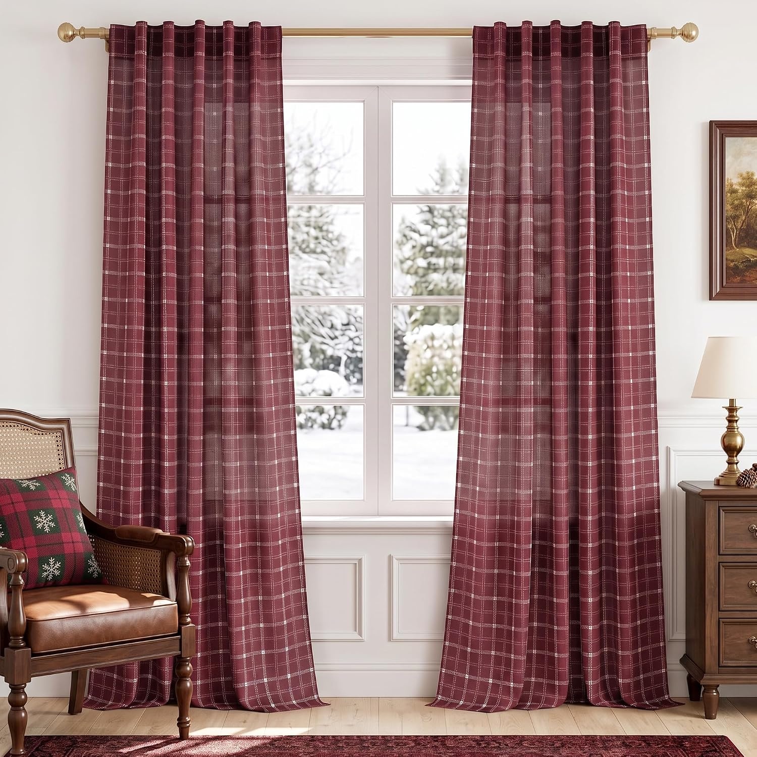 image:imageNICETOWN Taupe Plaid Print Linen Gingham Curtains 96 inches LongGrid Pattern Burgundy Red