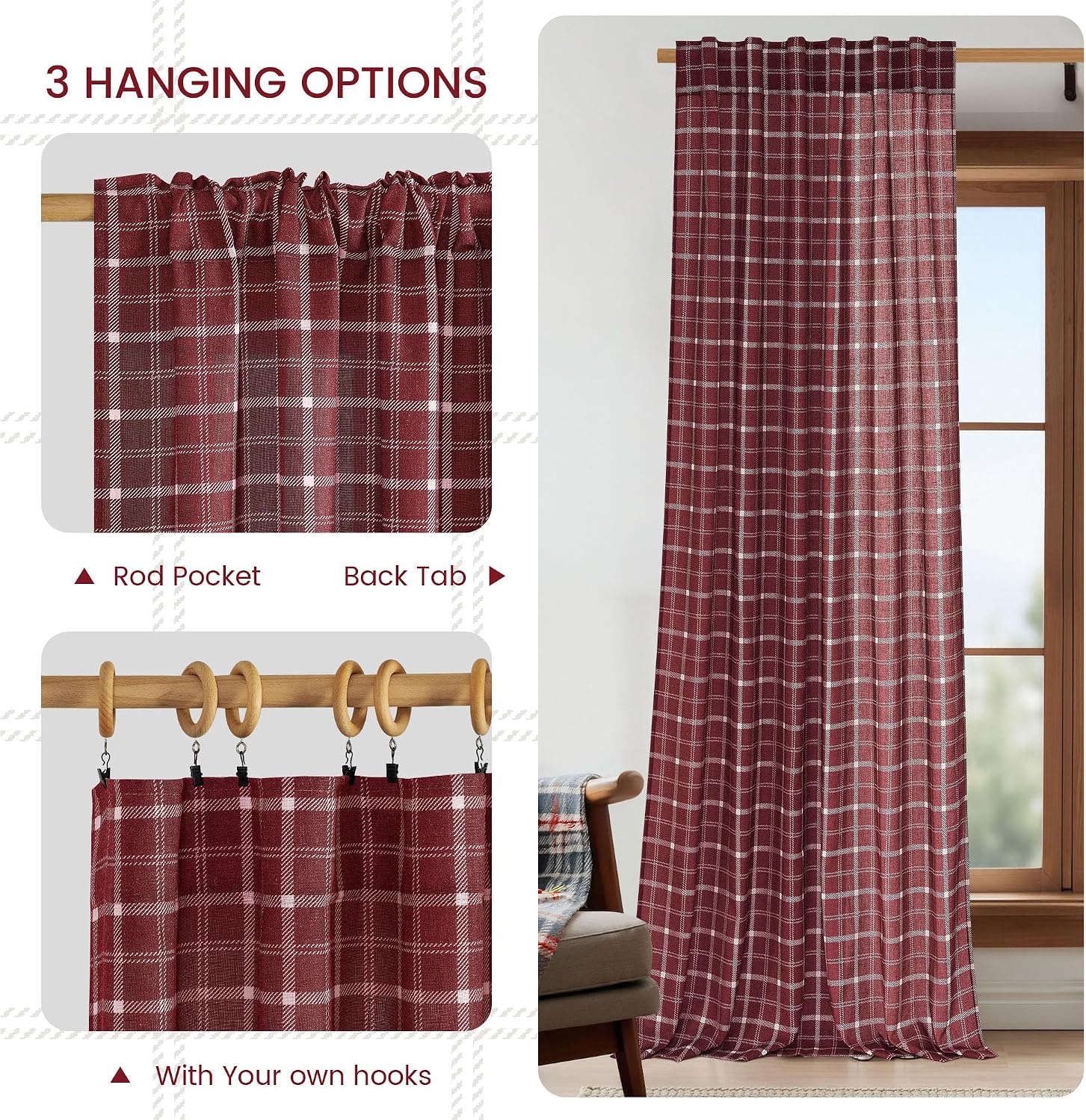 image:imageNICETOWN Taupe Plaid Print Linen Gingham Curtains 96 inches LongGrid Pattern Burgundy Red