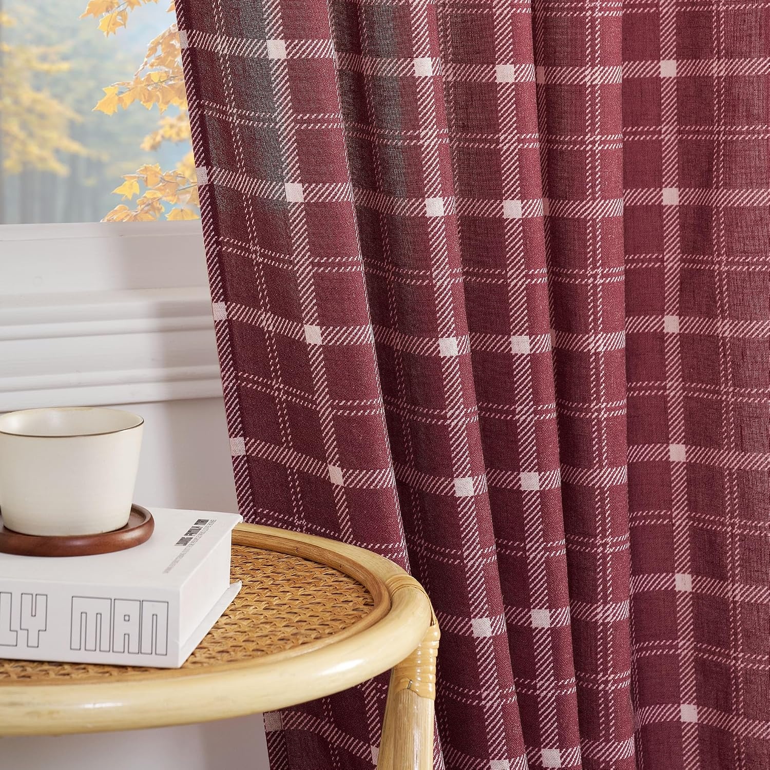 image:imageNICETOWN Taupe Plaid Print Linen Gingham Curtains 96 inches LongGrid Pattern Burgundy Red