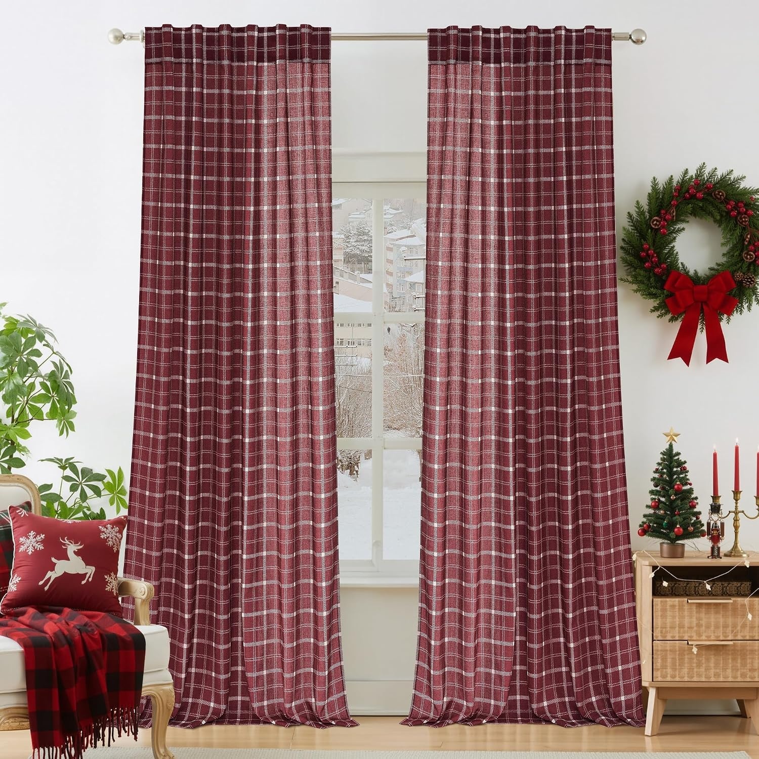 image:imageNICETOWN Taupe Plaid Print Linen Gingham Curtains 96 inches LongGrid Pattern Burgundy Red