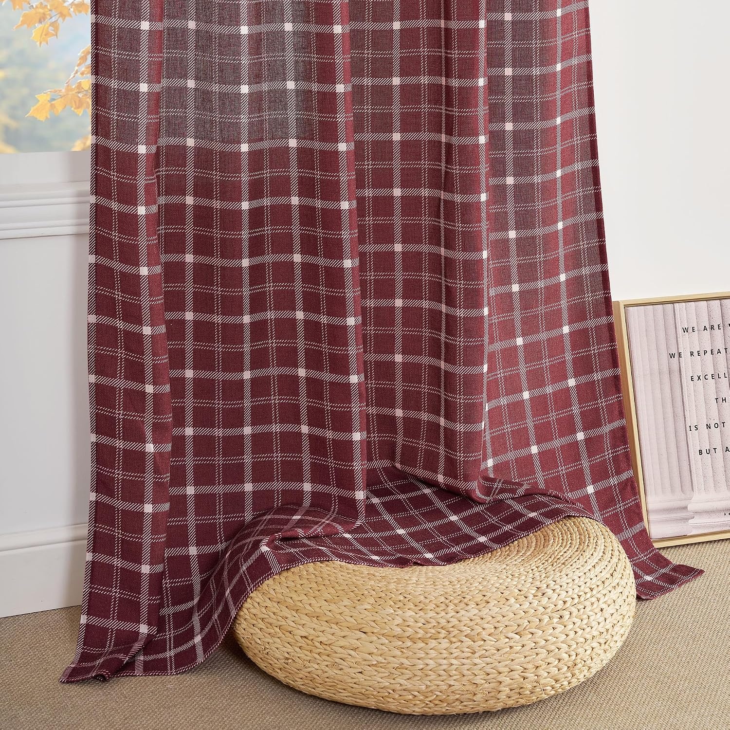 image:imageNICETOWN Taupe Plaid Print Linen Gingham Curtains 96 inches LongGrid Pattern Burgundy Red