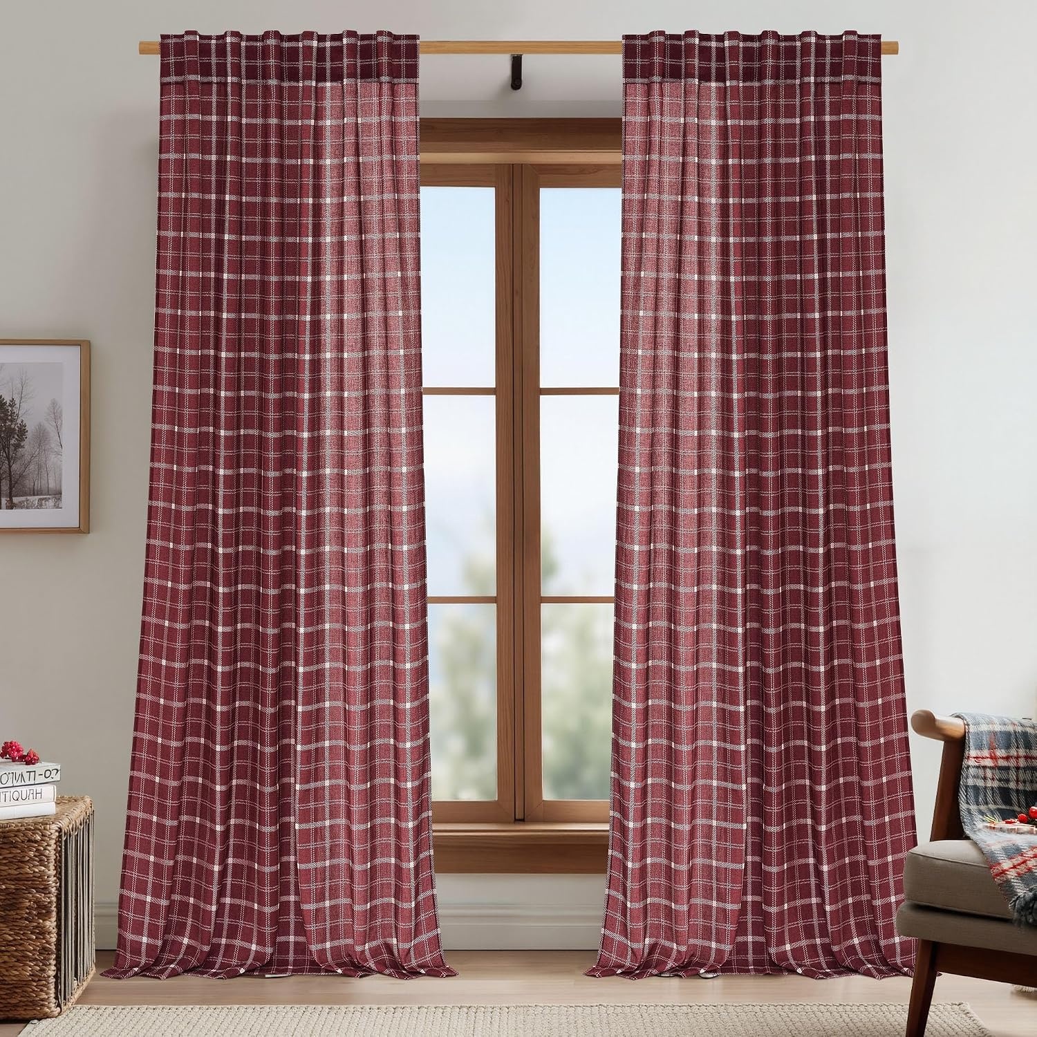 image:imageNICETOWN Taupe Plaid Print Linen Gingham Curtains 96 inches LongGrid Pattern Burgundy Red