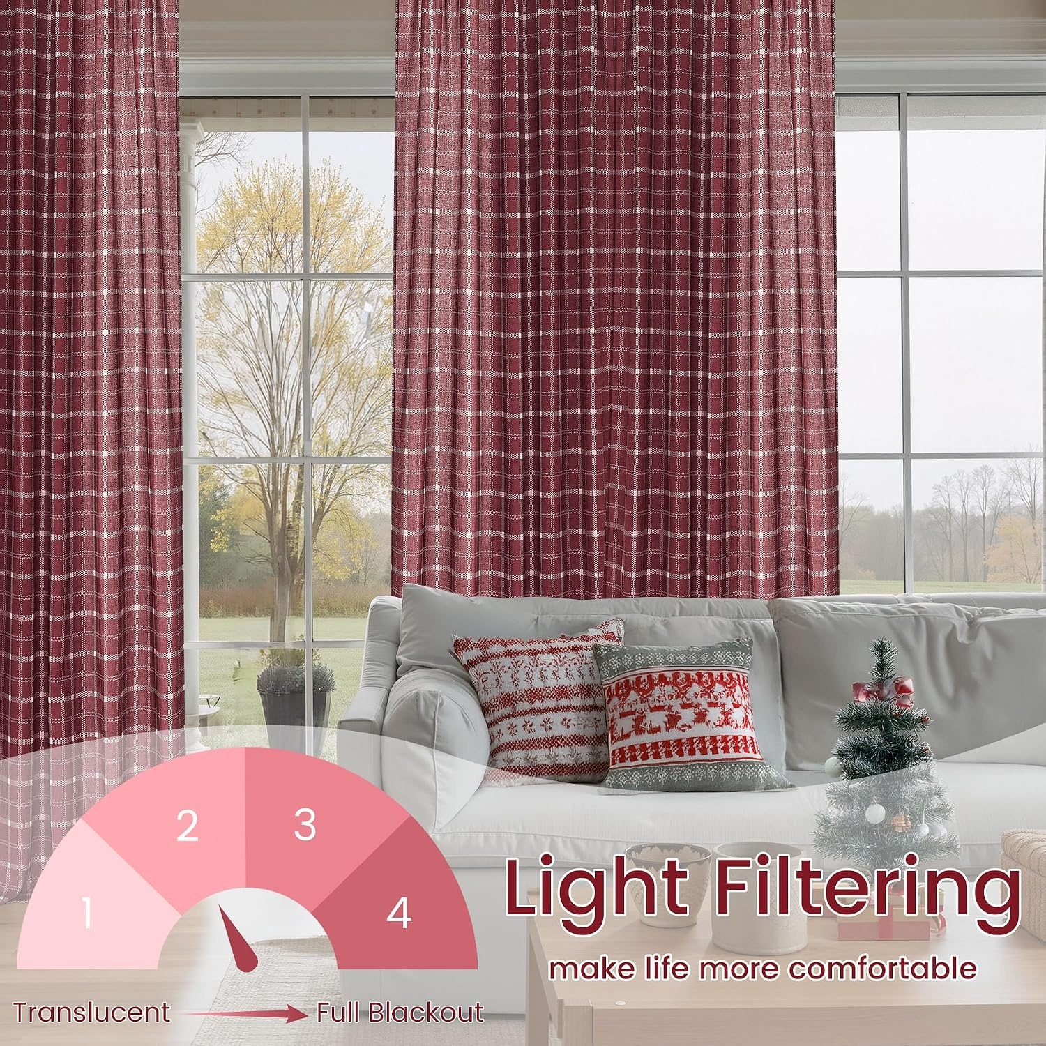 image:imageNICETOWN Taupe Plaid Print Linen Gingham Curtains 96 inches LongGrid Pattern Burgundy Red