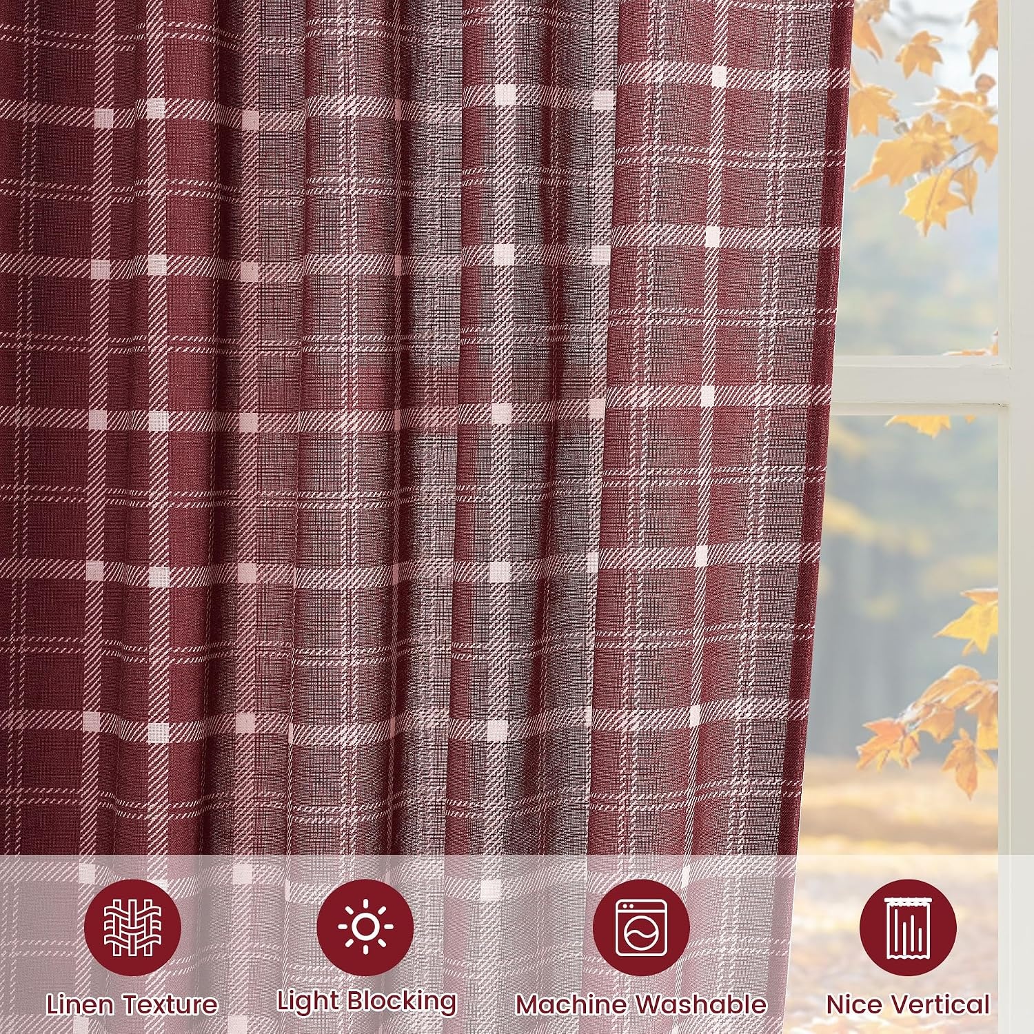 image:imageNICETOWN Taupe Plaid Print Linen Gingham Curtains 96 inches LongGrid Pattern Burgundy Red