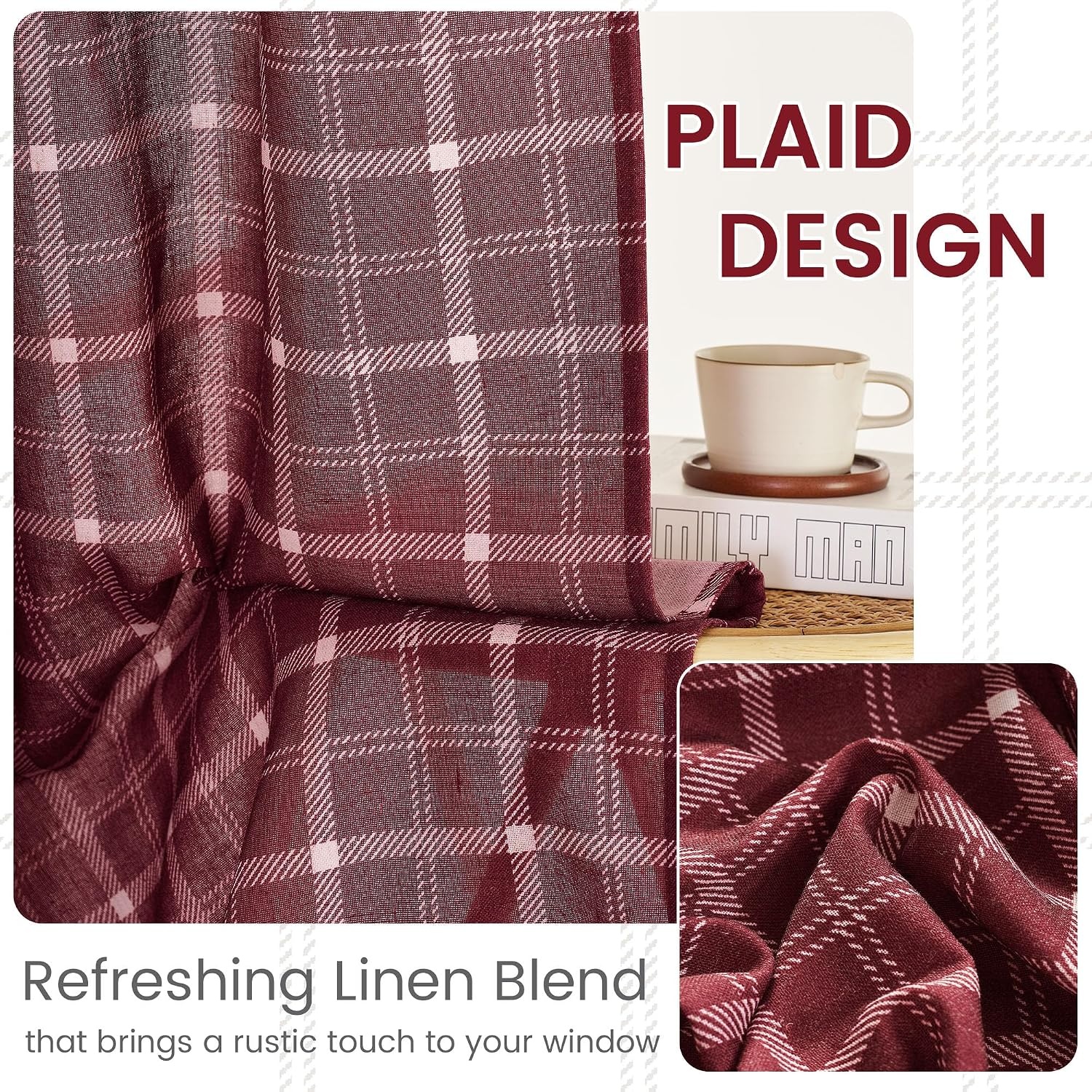 image:imageNICETOWN Taupe Plaid Print Linen Gingham Curtains 96 inches LongGrid Pattern Burgundy Red