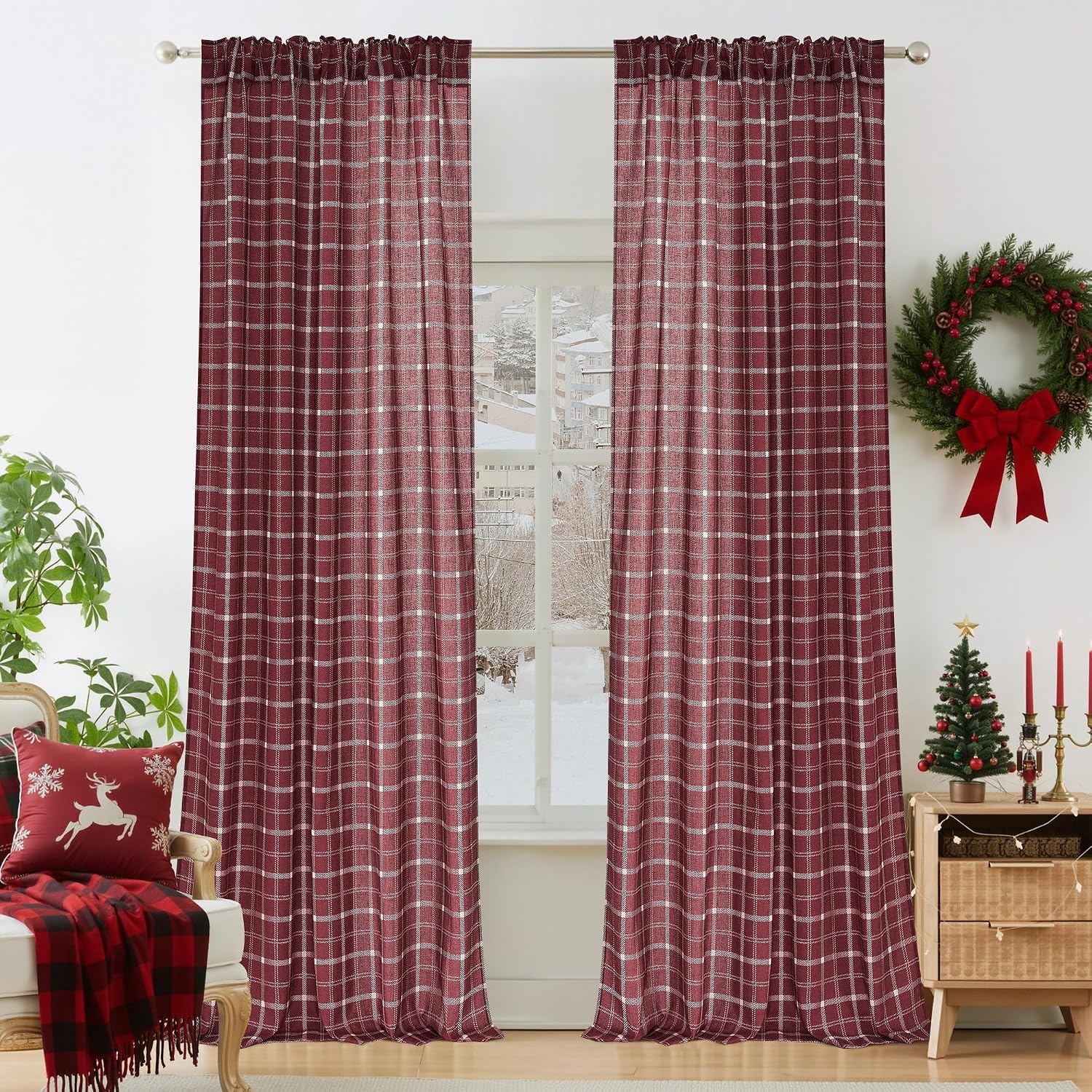 image:imageNICETOWN Taupe Plaid Print Linen Gingham Curtains 96 inches LongGrid Pattern Burgundy Red