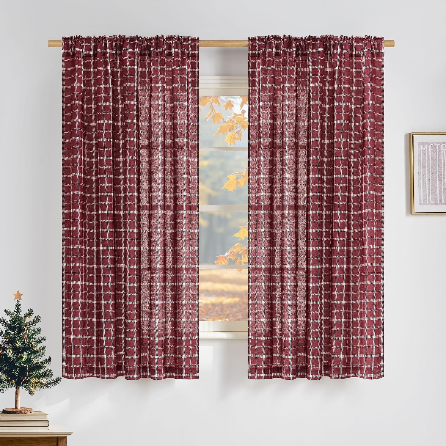 image:imageNICETOWN Taupe Plaid Print Linen Gingham Curtains 96 inches LongGrid Pattern Burgundy Red